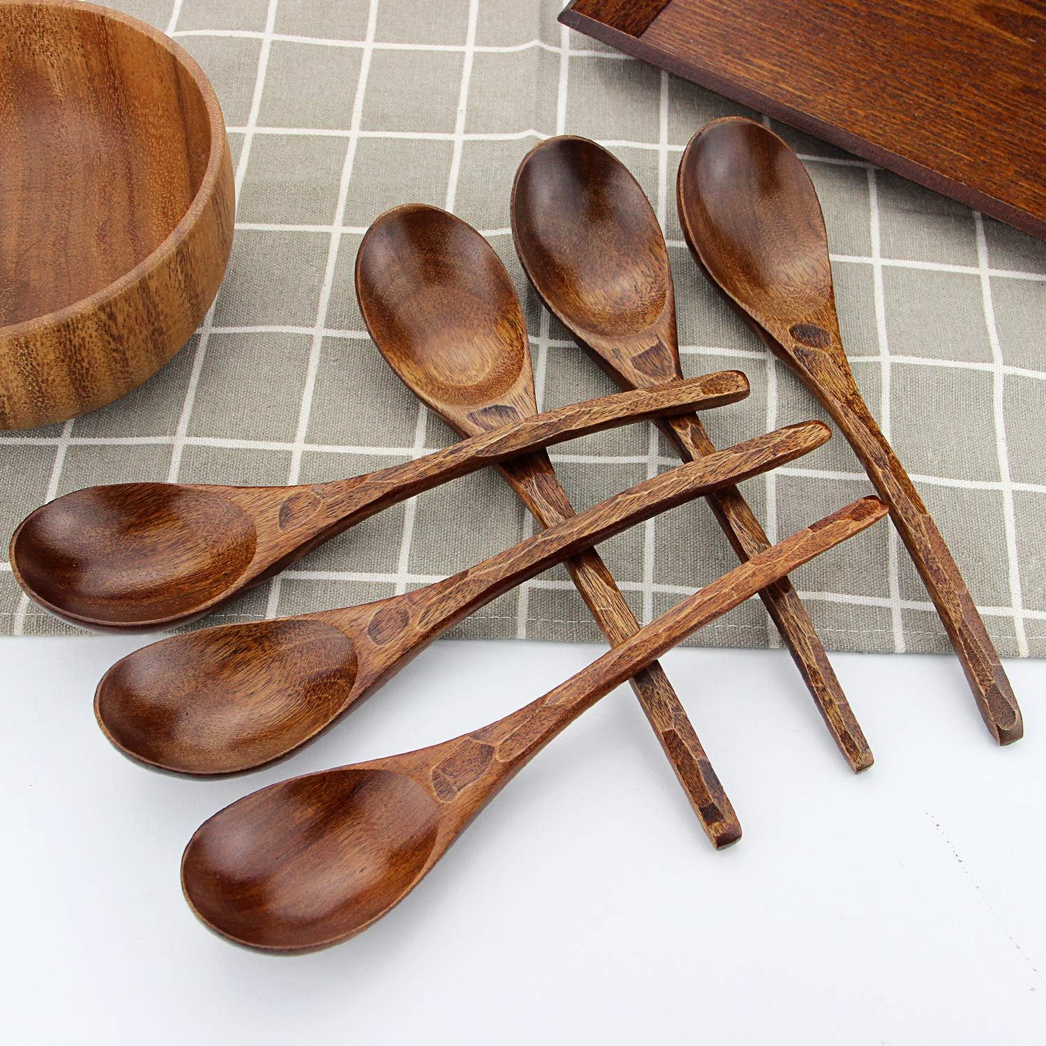 Soup Spoons AOOSY Wooden Soup Spoons  6 Pieces 7.84 inches Japanese Ramen Spoon Round Nanmu Wood Long Handle Rice Dessert Cooking Tasting Dinner Table Spoon for Kitchen Restaurant