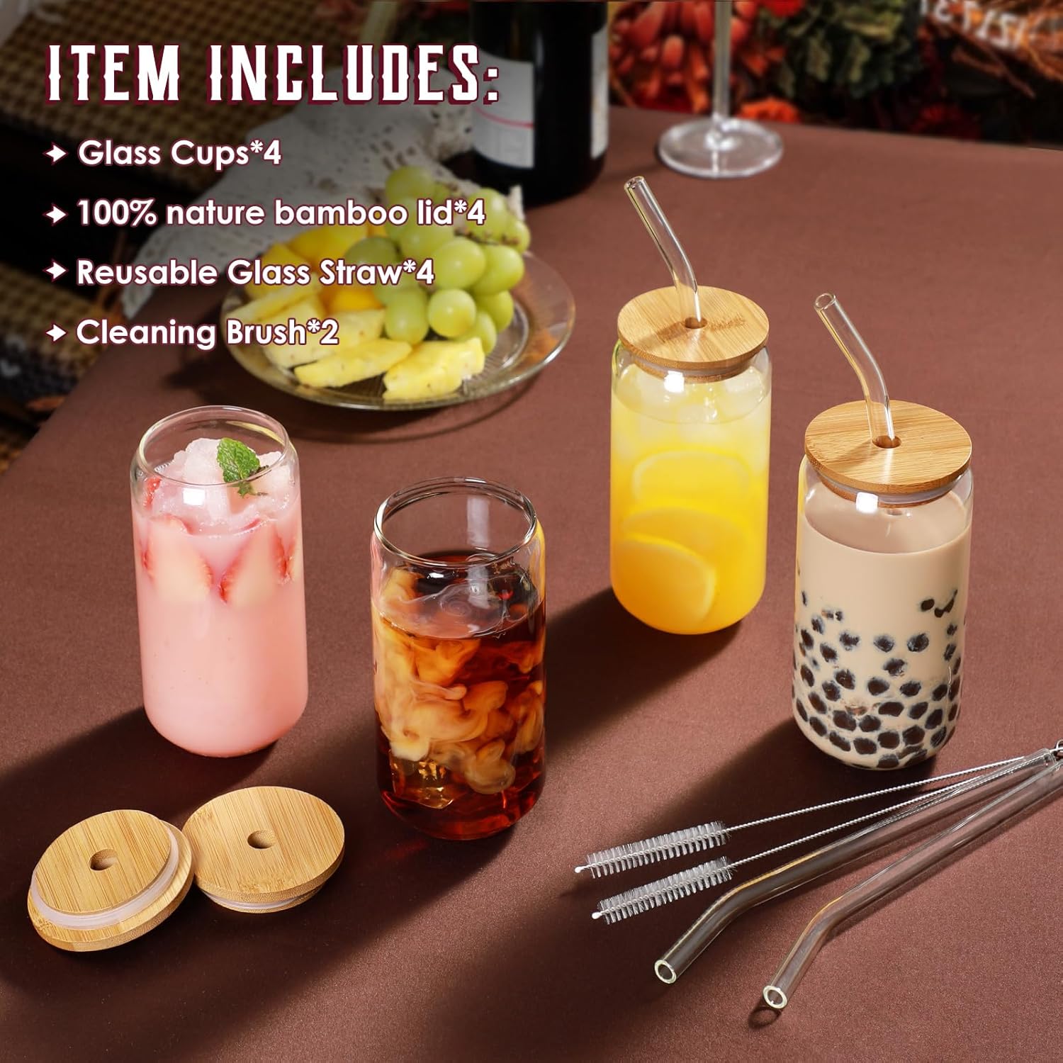 Drinking Glasses with Bamboo Lids and Glass Straw 4pcs Set - 16oz Glass Cups  Iced Coffee Glasses  Cute iced Tea Glasses  Beer Glasses  Ideal for Coffee Bar Accessories  Aesthetic Gift - 2 Brushes
