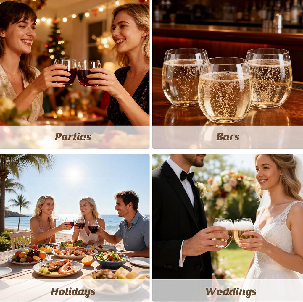 24 Pack 12oz Plastic Stemless Wine Glasses  Disposable Clear Wine Cups - Shatterproof  Unbreakable & BPA-Free  Recyclable Drinkware for Wedding Reception  Birthday Party  New Year  Holidays & Events