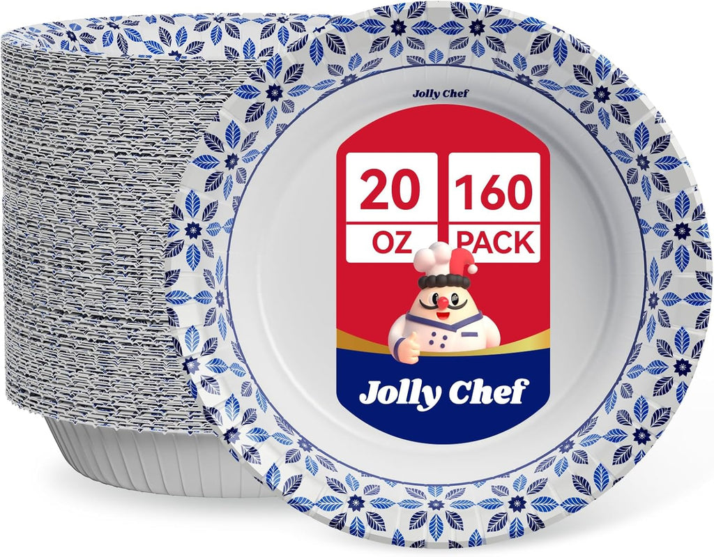 JOLLY CHEF 160 Count Paper Bowls 20 oz Soak Proof  Heavy Duty Printed Disposable Bowls Bulk for Dinner or Lunch