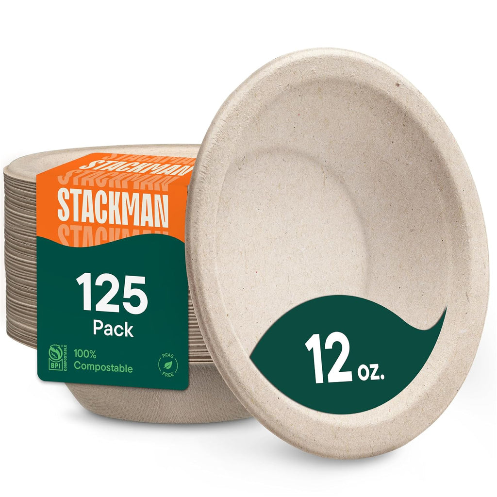 Stack Man Paper Bowls  100% Compostable Disposable Soup Bowl [125-Pack] 12 oz. Heavy Duty  Eco-Friendly  Biodegradable Bagasse Hot Food Plates and Bowls - Natural Brown (BPI Certified) (PFAS-Free)