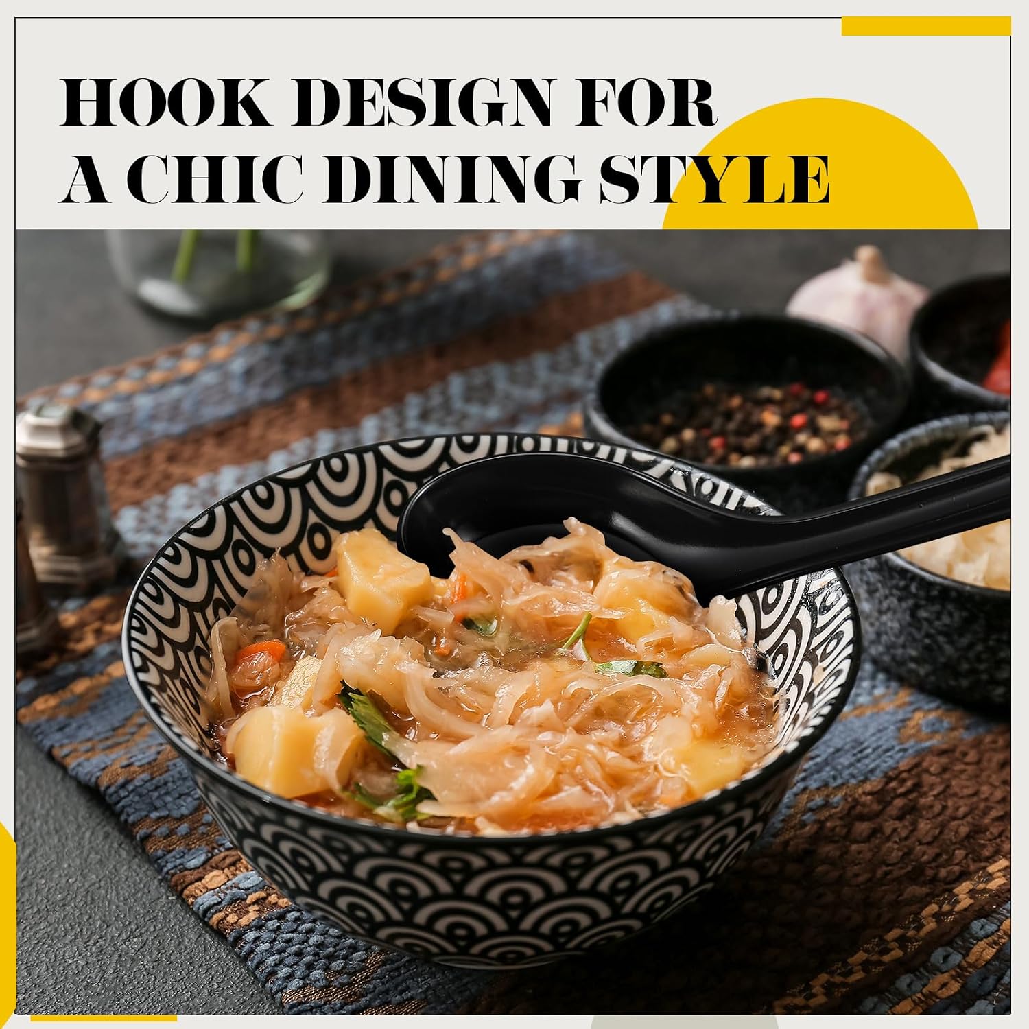 Hushee 100 Pcs Asian Soup Spoon Large Chinese Noodle Ramen Reusable Japanese Wonton Rice Dumpling Pho Spoon Bulk with Hook for Home Restaurant Kitchen (Black)