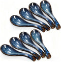 Set of 8 Asian Soup Spoon Ceramic  Blue Chinese Soup Spoons with Non-Slip Bottom  Retro Porcelain Japanese Pho Spoons for Ramen  Wonton  Noodle  Miso  Dumpling  Dishwasher Safe  5.2" L