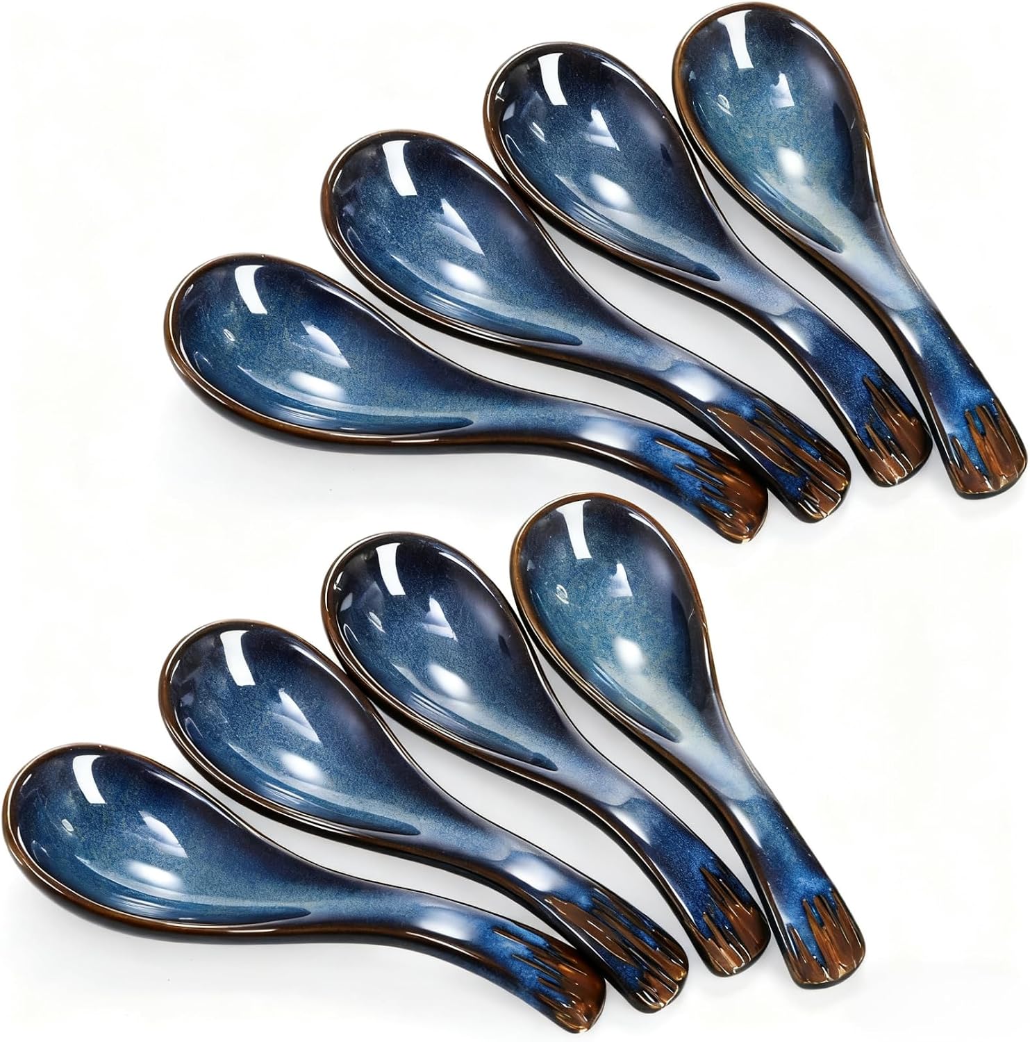 Set of 8 Asian Soup Spoon Ceramic  Blue Chinese Soup Spoons with Non-Slip Bottom  Retro Porcelain Japanese Pho Spoons for Ramen  Wonton  Noodle  Miso  Dumpling  Dishwasher Safe  5.2" L