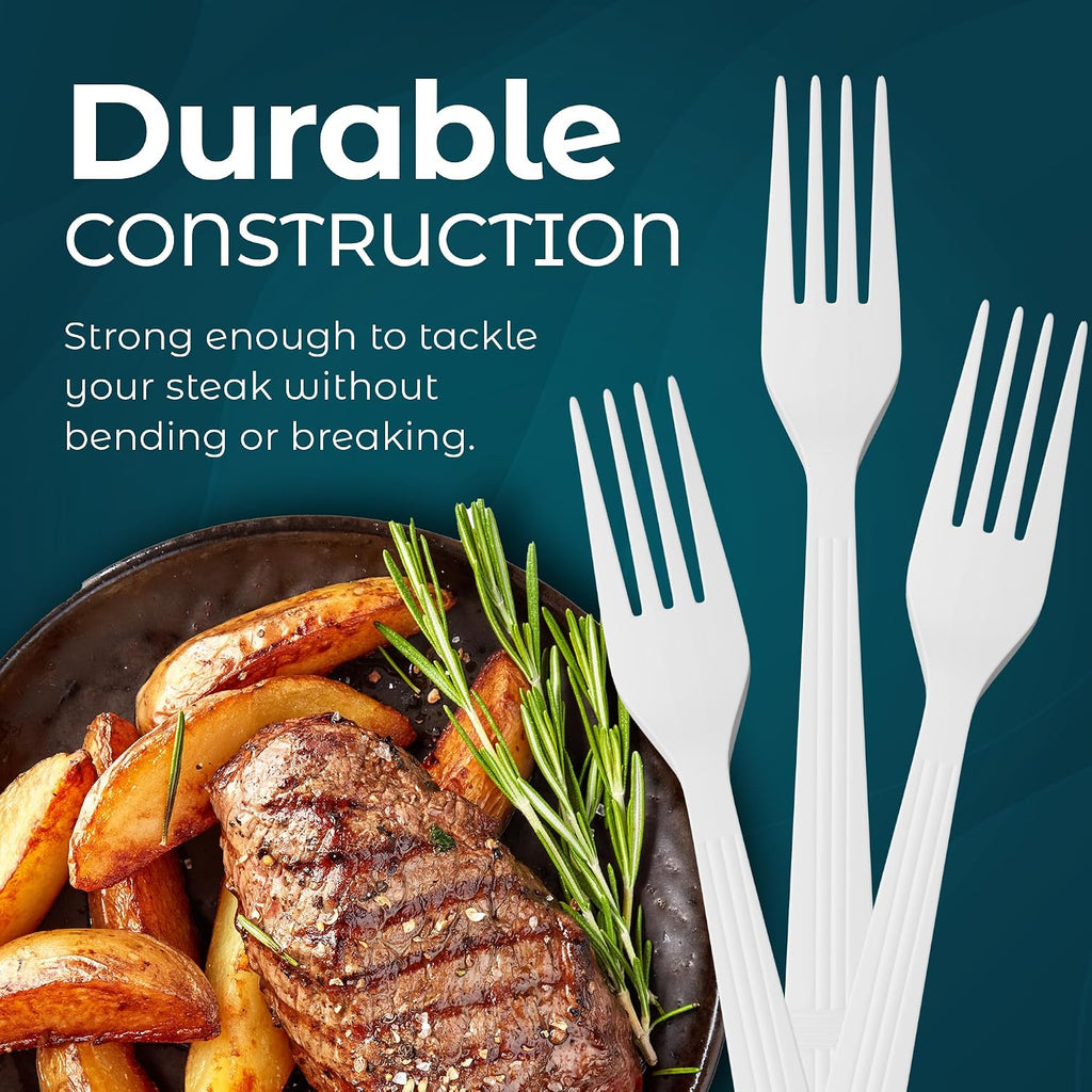 500 Count – Heavyweight Disposable White Plastic Forks | Big Party Pack Forks | Plastic Salad Forks |Great for Celebrations  Parties  Travels  Events  and Everyday Use