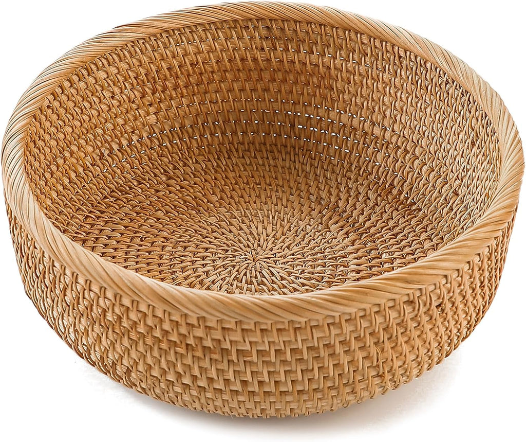 HITOMEN Handmade Rattan Bread Baskets Round Wicker Fruit Serving Storage Bowls  Natural Woven Decorative Kitchen Counter Organizing (Honey Brown) L-10.3"