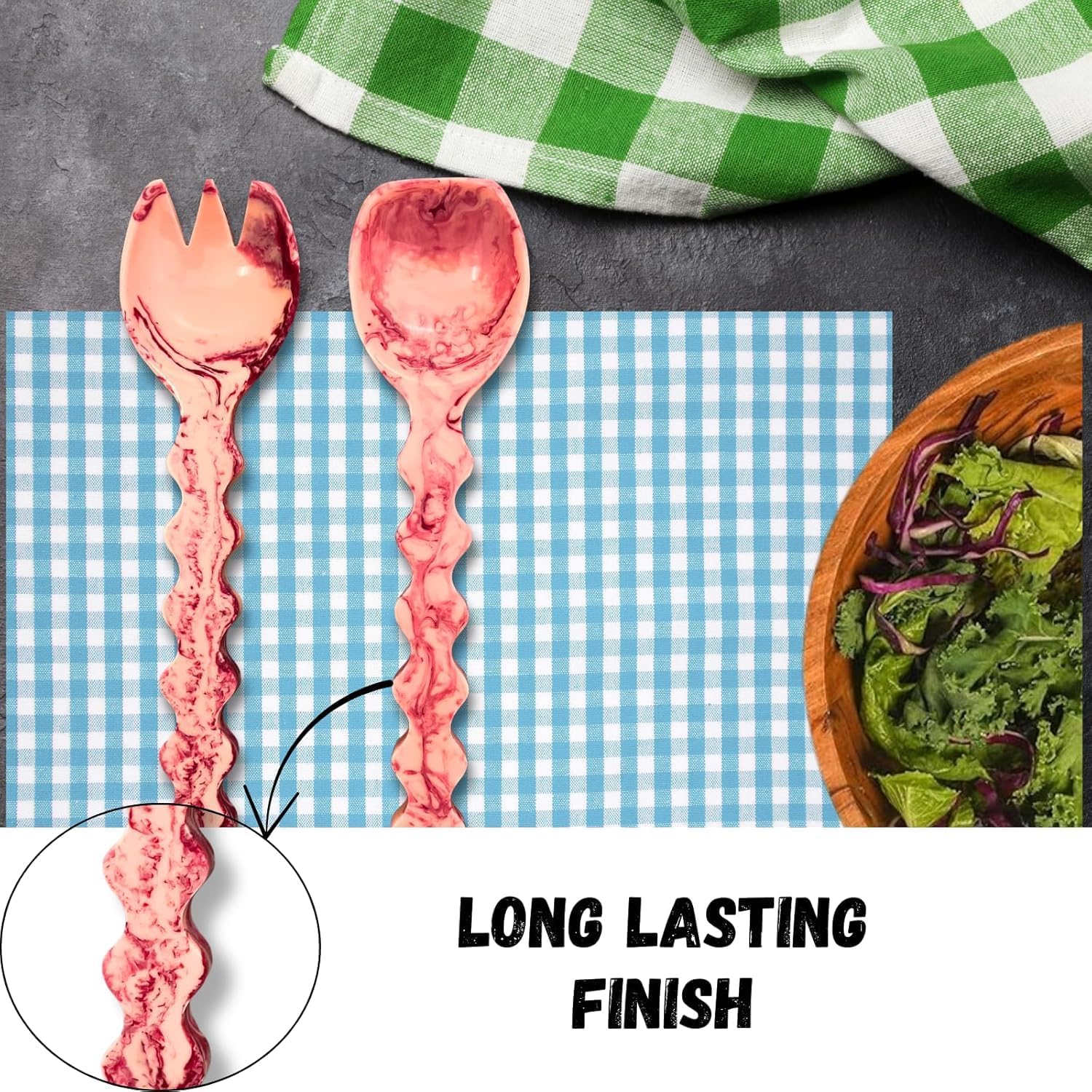 Vintage Style Salad Serving Spoon & Fork Set | Durable Lightweight Resin Utensils with Textured Handles | Elegant Retro Flatware for Kitchen  Dining  Entertaining & Gift Giving (Peach)