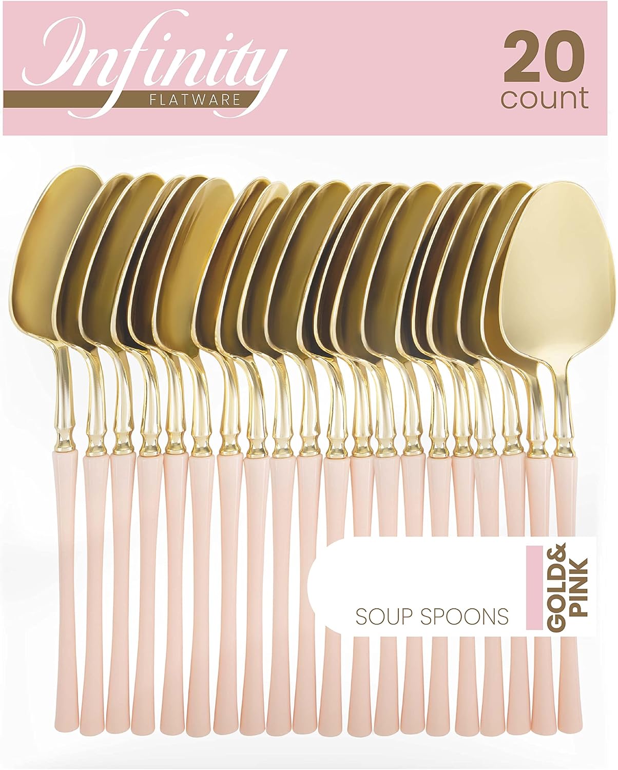 PlasticPro 20 Count Gold and Pink Plastic Soup Spoons Premium Quality Heavy Duty Disposable Elegant Silverware Two Tone Soup Spoons for Party