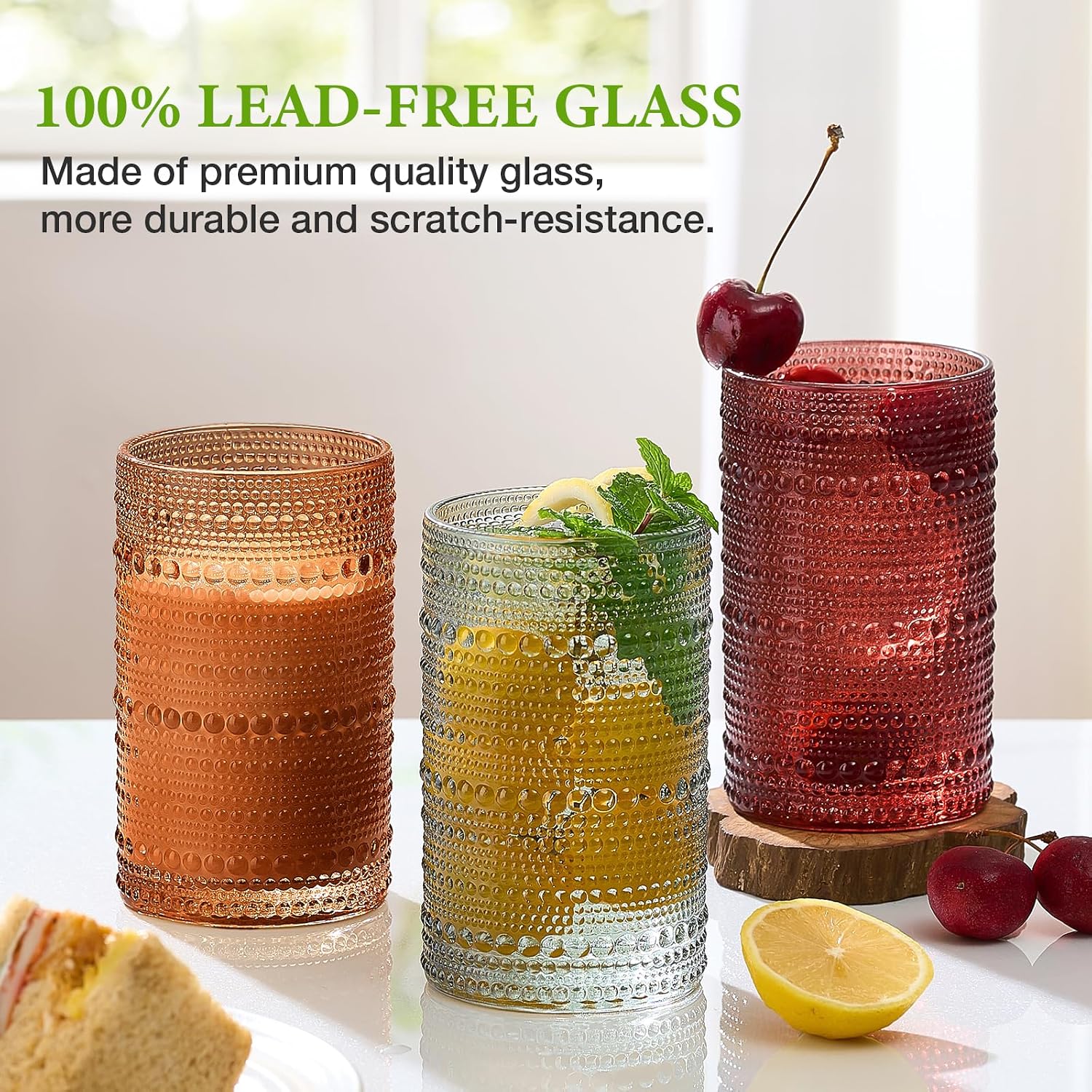 Mfacoy Colored Hobnail Drinking Glasses Set of 6  12oz Vintage Kitchen Glassware  Embossed Beaded Glass Cups  Water Glasses  Beaded Colorful Water Tumbler for Cocktail  Juice and Various Mixed Drinks
