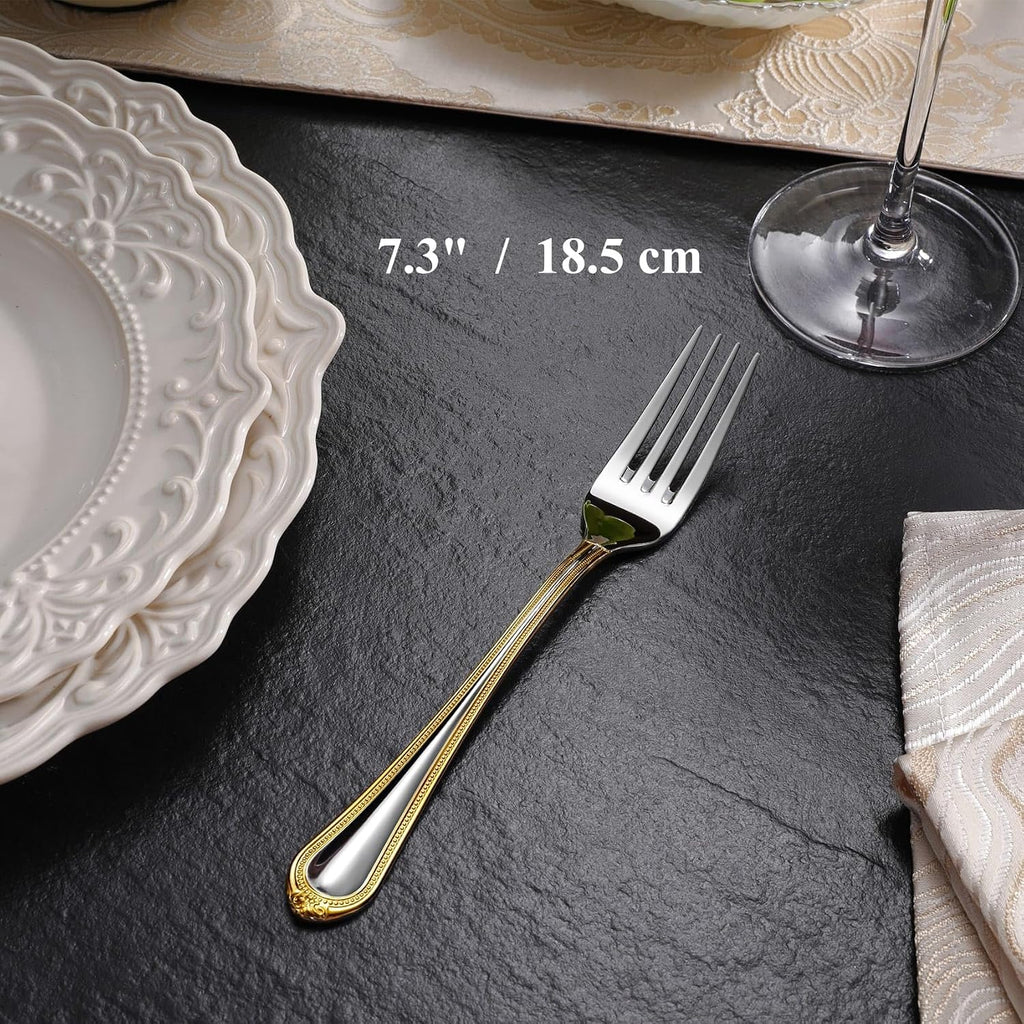 KEAWELL Pearl Edge 4-Piece Premium Fork Set  18/10 Stainless Steel  Fine Silverware Forks with Mirror Finish and Exquisite Craftsmanship  Gold Accent  Dishwasher Safe (4  7.3" Salad Forks)