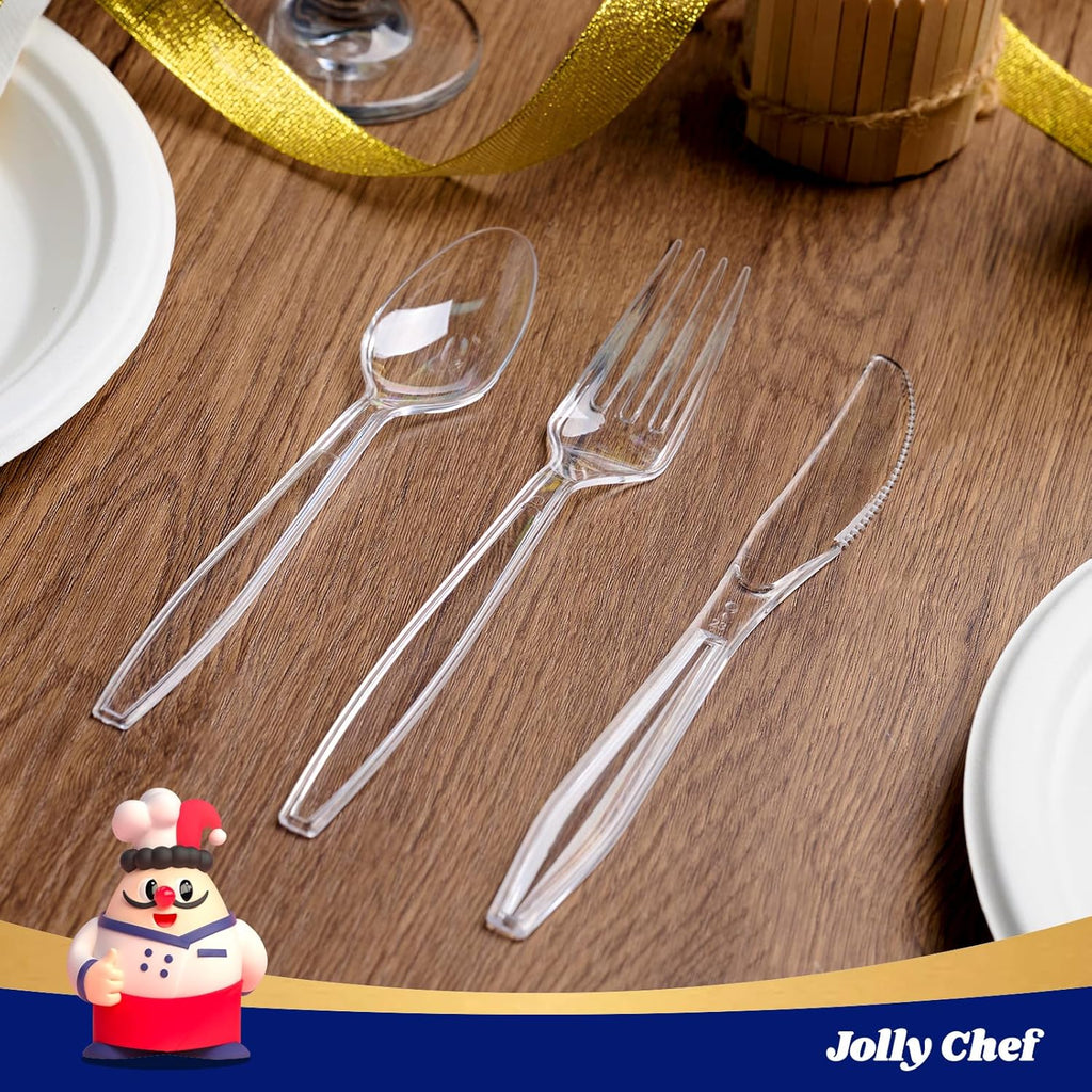 JOLLY CHEF 360 Count Clear Plastic Silverware Heavy Duty-180 Forks  120 Spoons  60 Knives  Heat Resistant Plastic Cutlery  Disposable Utensils Set for Parties  Events  Everyday Use