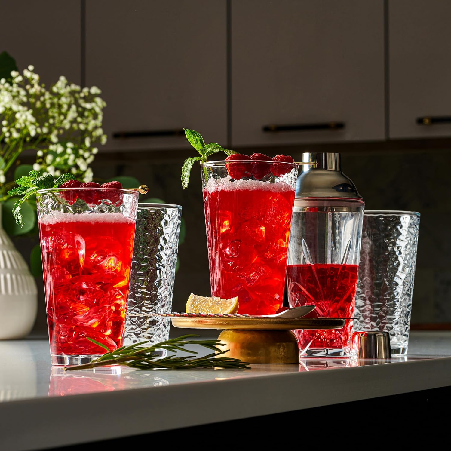 Set of 10 Hammered Glass Cups  16oz. Dishwasher Safe Cocktail Drinking Glasses - Clear Heavy Base Stemmed Water Glasses  Tall Beer Glasses  Bar Glass  Juice  Iced Tea  Margarita  & Everyday Drinks