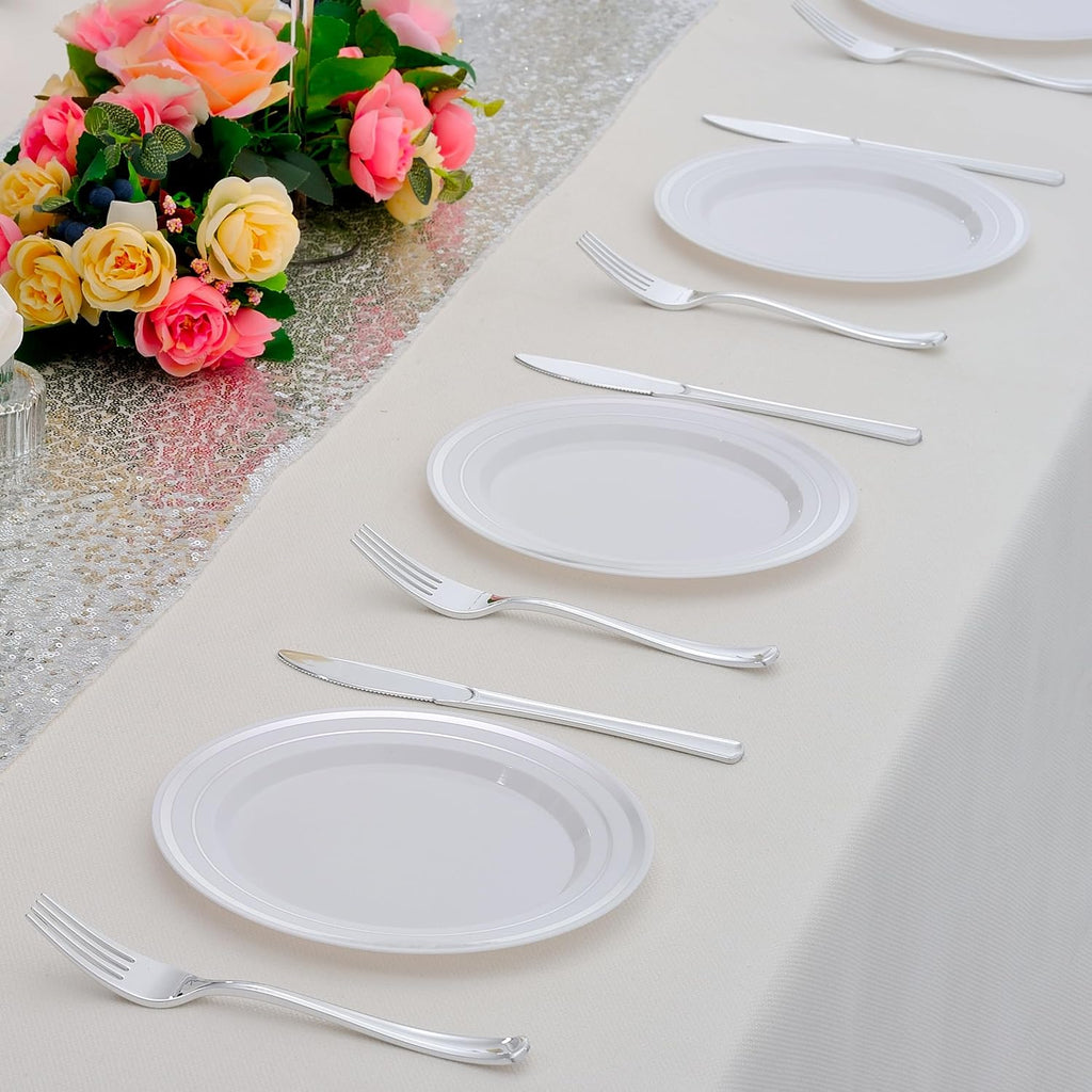 200pcs Silver Dessert Plates with Forks for 100 Guests-100pcs 7.5" Disposable Silver and White Small Plates with 100pcs 7.4" Forks-Cake/Appetizer/Salad Plate for Wedding Birthday Party