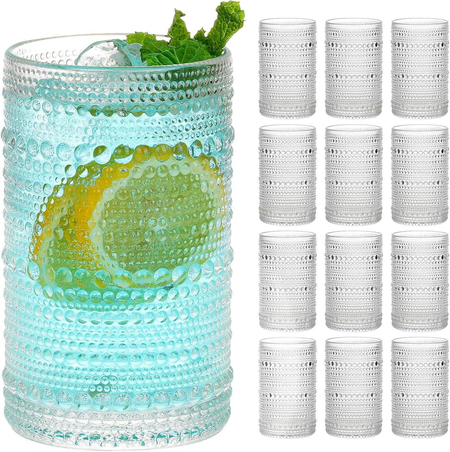 Moretoes Hobnail Drinking Glasses Set of 12 12 Oz Highball Glasses Clear Embossed Boho Water Glass Cups Kitchen Bar Tumbler Glassware Set for Whiskey  Beer  Juice  Milk and Various Mixed Drinks
