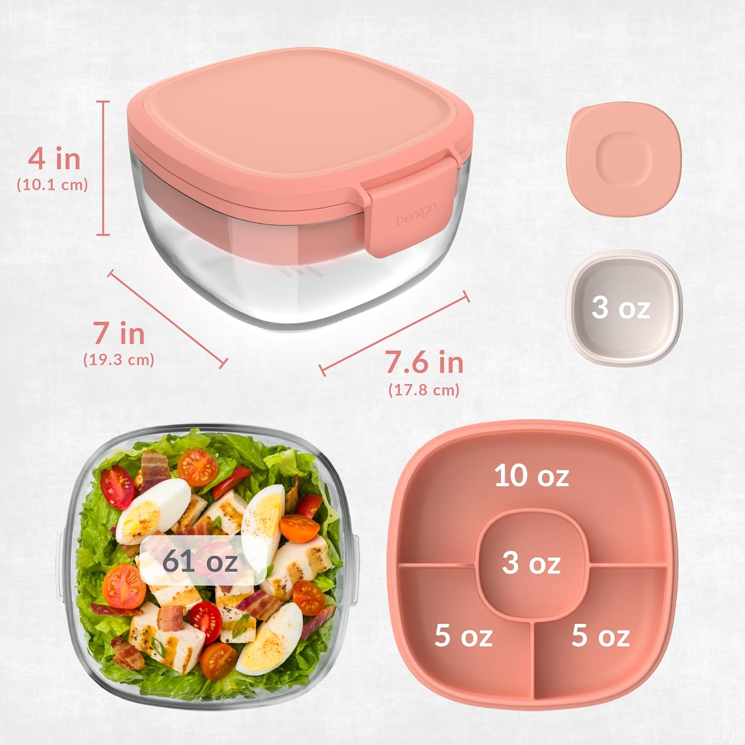 Bentgo Glass All-in-One Salad Container - Large 61-oz Salad Bowl with Lid  4-Compartment Bento-Style Tray  3-oz Sauce Container  and Reusable Fork - Dishwasher  Microwave  and Oven Safe (Coral)