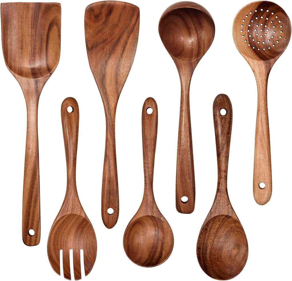 Wooden Non-Stick Kitchen Pan Toolset 7 Pieces Set 100% Natural Teak Kitchen Utensils Spatula  Wooden Cooking Utensils Spoons  Fried Spatula and Salad Fork