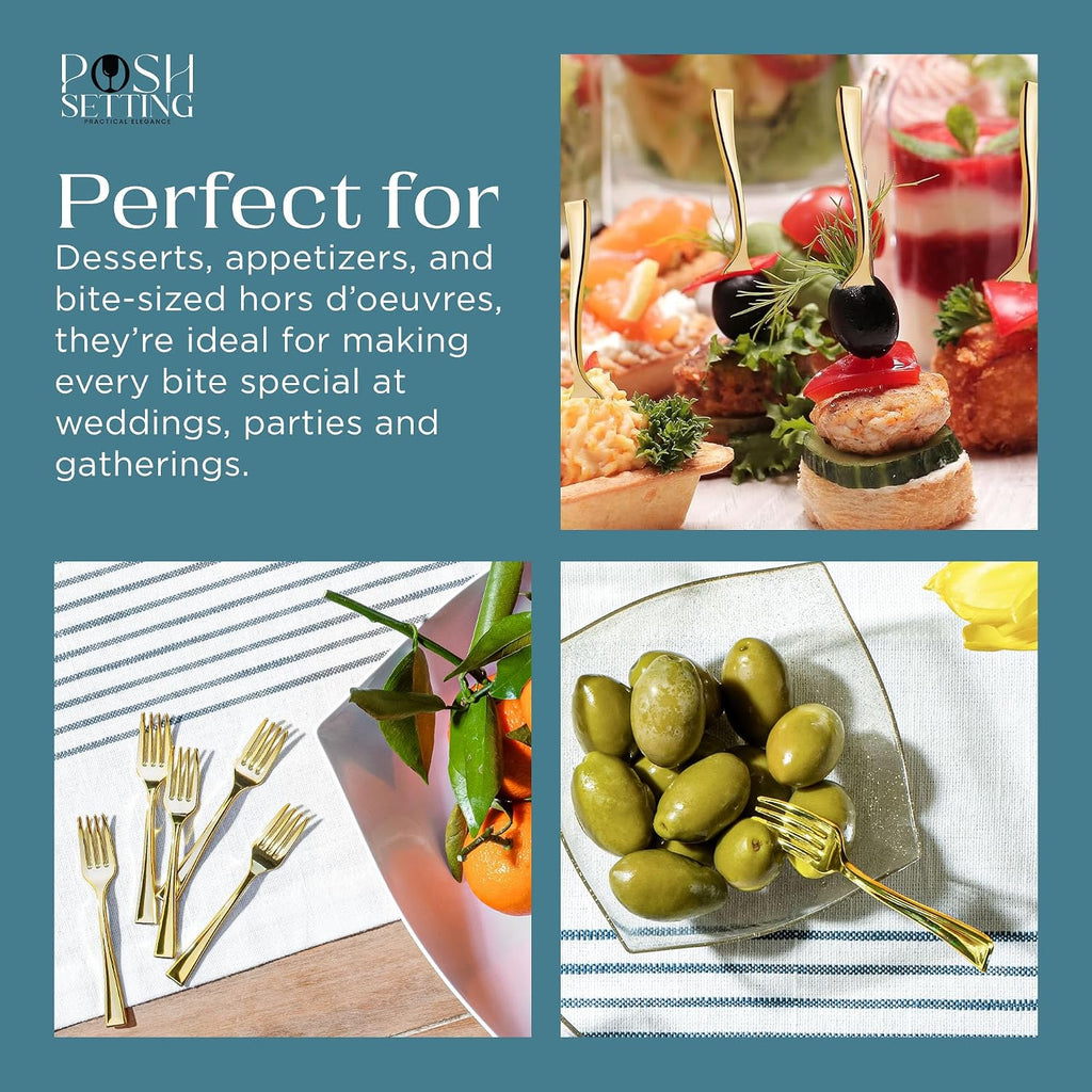 Posh Setting - Plastic Mini Forks  Gold Mini Forks  Gold Plastic Mini Dessert Forks  Disposable Tiny Gold Forks  4 inch Gold Plastic Forks  Taster Forks  Small Forks  Appetizer Forks (80 Pack)
