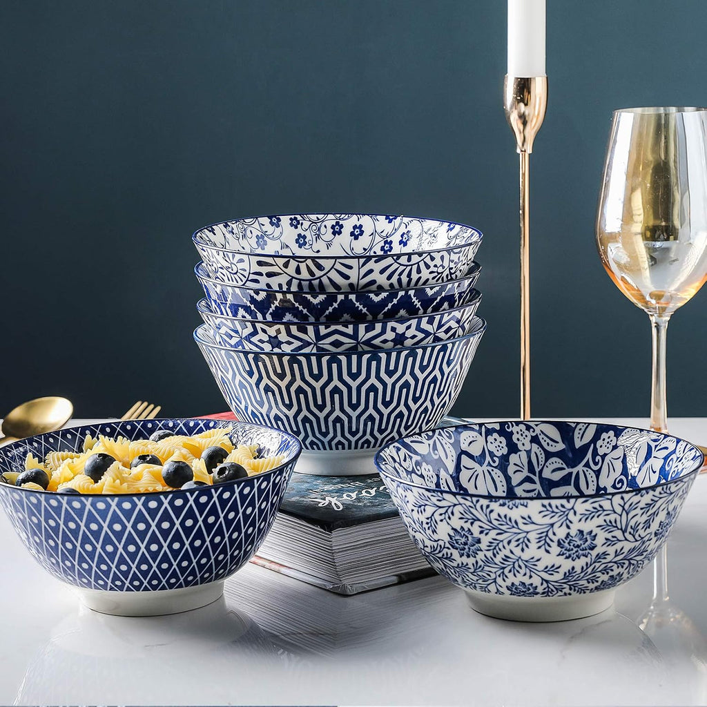 Selamica Blue and White Porcelain 20oz Cereal Bowl Set - Set of 6  6 inch Soup Bowls  Ceramic bowls for Cereal  Soup  Salad and Pasta  Vintage Blue