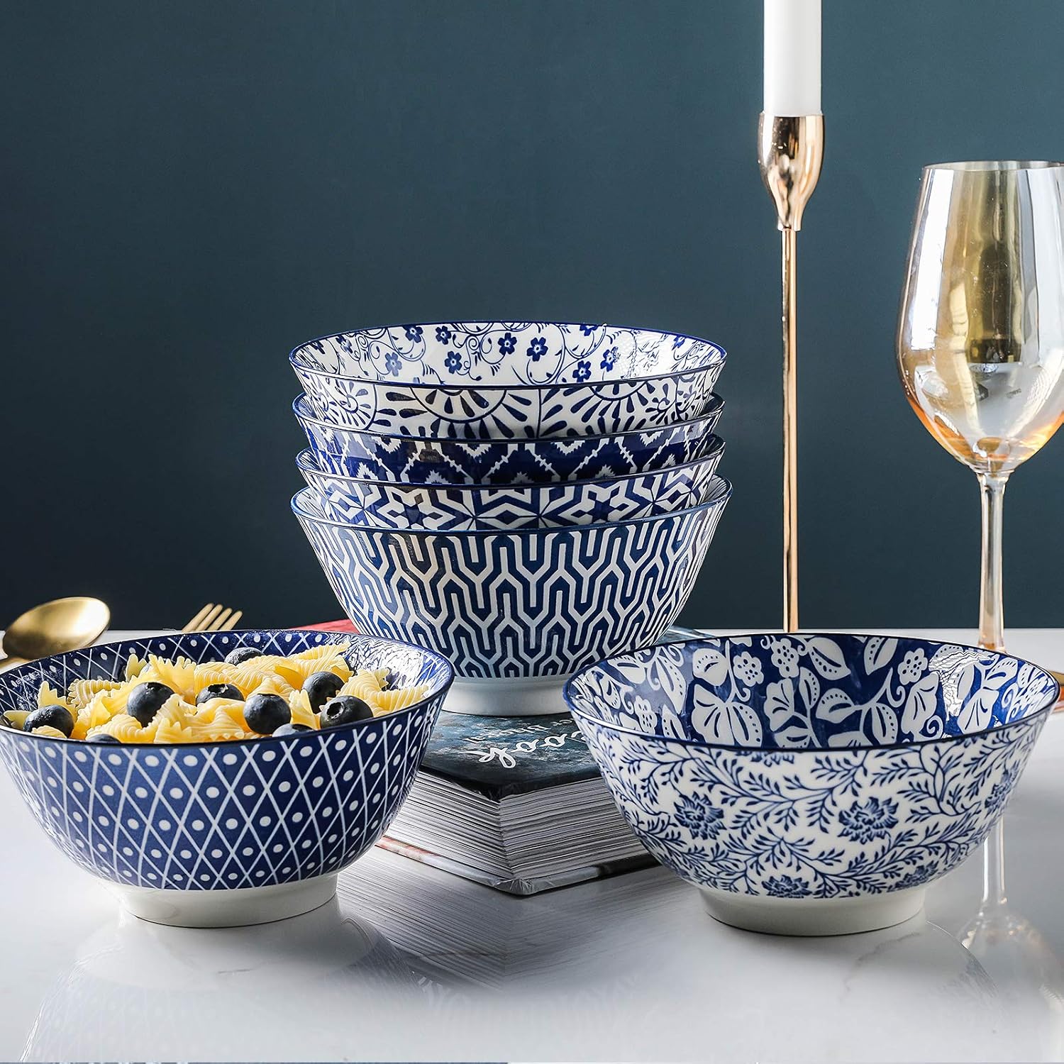Selamica Blue and White Porcelain 20oz Cereal Bowl Set - Set of 6  6 inch Soup Bowls  Ceramic bowls for Cereal  Soup  Salad and Pasta  Vintage Blue