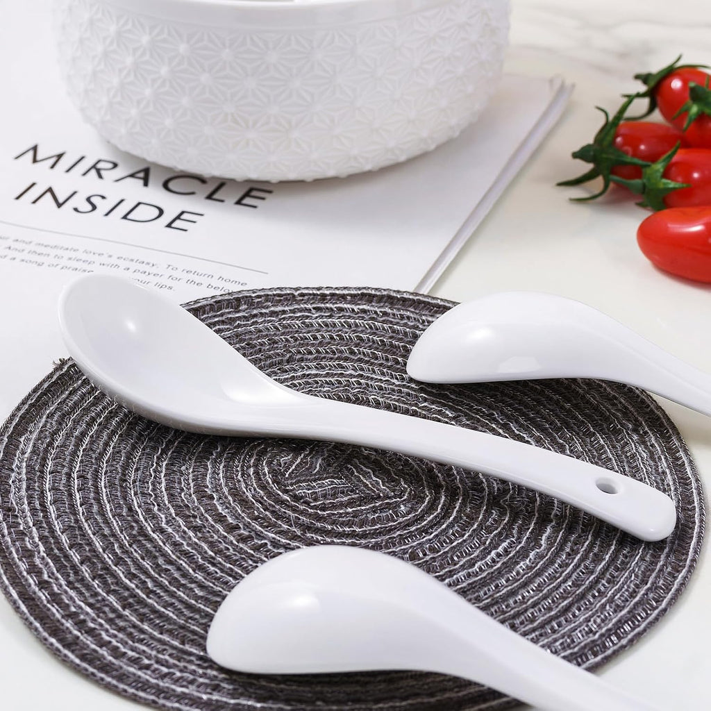 6.5inch Ceramic Soup Spoons Set of 4 - Long Handle  Easy to Hold  Perfect for Ramen  Pho  Dumplings  Miso & Wonton  Dishwasher Safe  Ideal for Asian Soups"