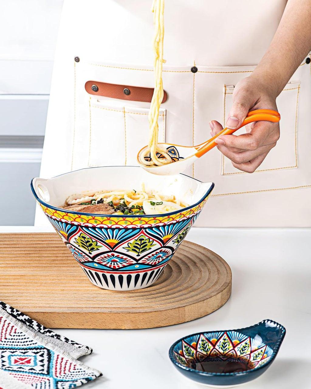 Asian Soup Spoon Set of 6 – Boho Ceramic Ramen Spoon with Long Handle  Deep Soup Spoons for Japanese Ramen  Pho  Dumplings  Miso  Wonton – Dishwasher Safe