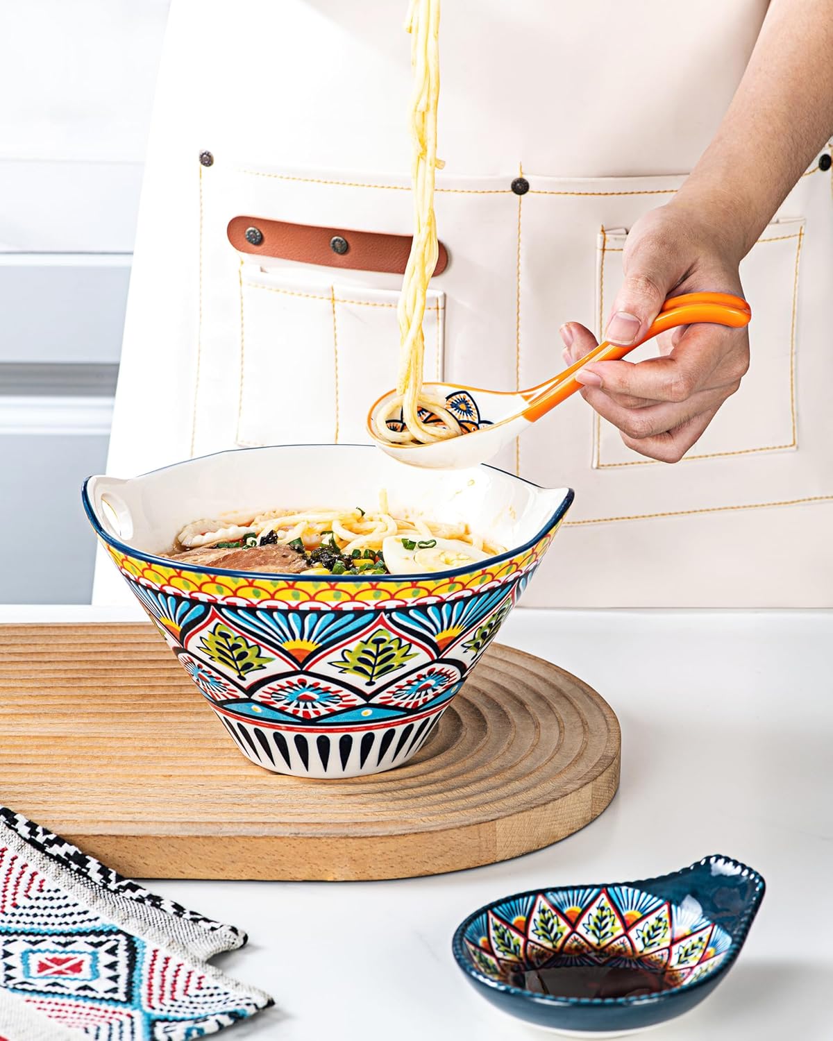 Asian Soup Spoon Set of 6 – Boho Ceramic Ramen Spoon with Long Handle  Deep Soup Spoons for Japanese Ramen  Pho  Dumplings  Miso  Wonton – Dishwasher Safe