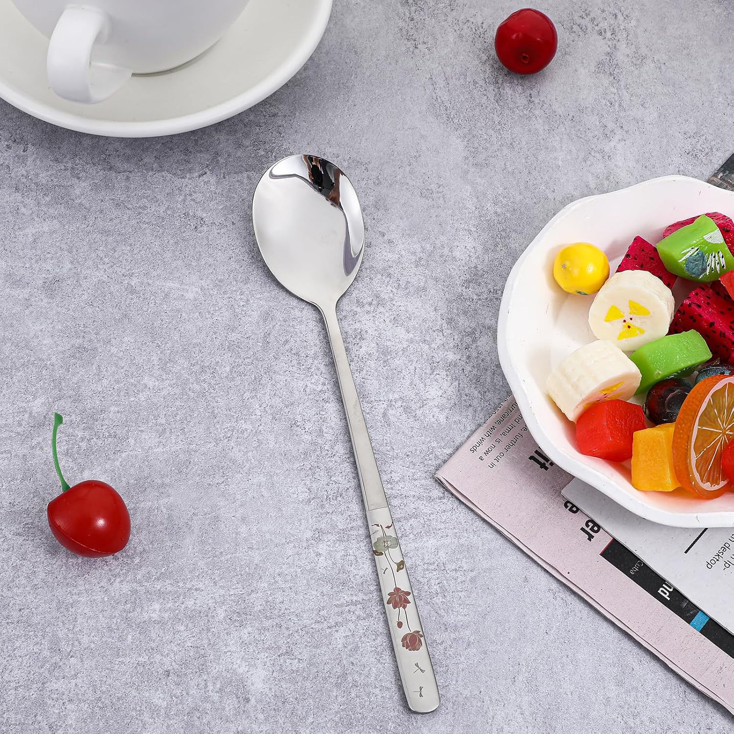 Grevosea 4 Pcs Korean Soup Spoons Stainless Steel 8 Inch Long Handle Tablespoon Asian Soup Spoon Cute Dinner Spoons for Home Kitchen or Restaurant  Dishwasher Safe (Flowers)