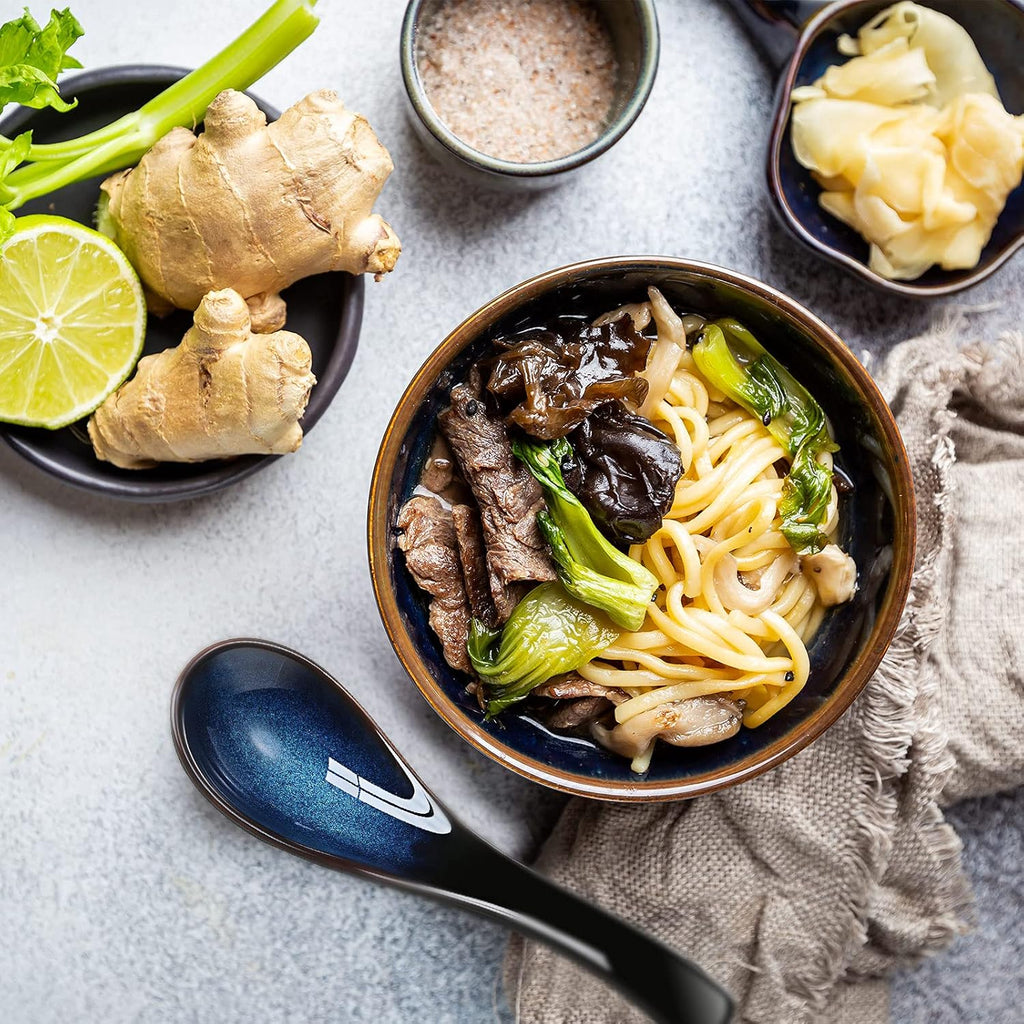 Geiserailie 4 Pieces Asian Ceramic Soup Spoons Set Long Handle Chinese Spoons Retro Blue Japanese Ramen Bowl Soup Spoon Suitable for Gravy  Cake  Oatmeal  Dumplings
