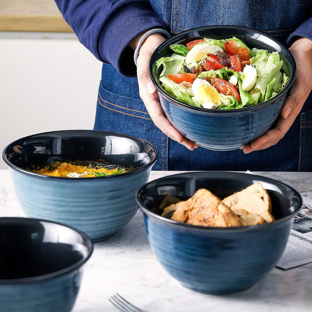 Hasense Ceramic Soup Bowls Set of 4  40 Ounce Large Cereal Bowls for Kitchen  7 Inch Serving Bowls for Salad Pasta Ramen Pho Popcorn  Dishwasher Microwave Safe  Navy Blue