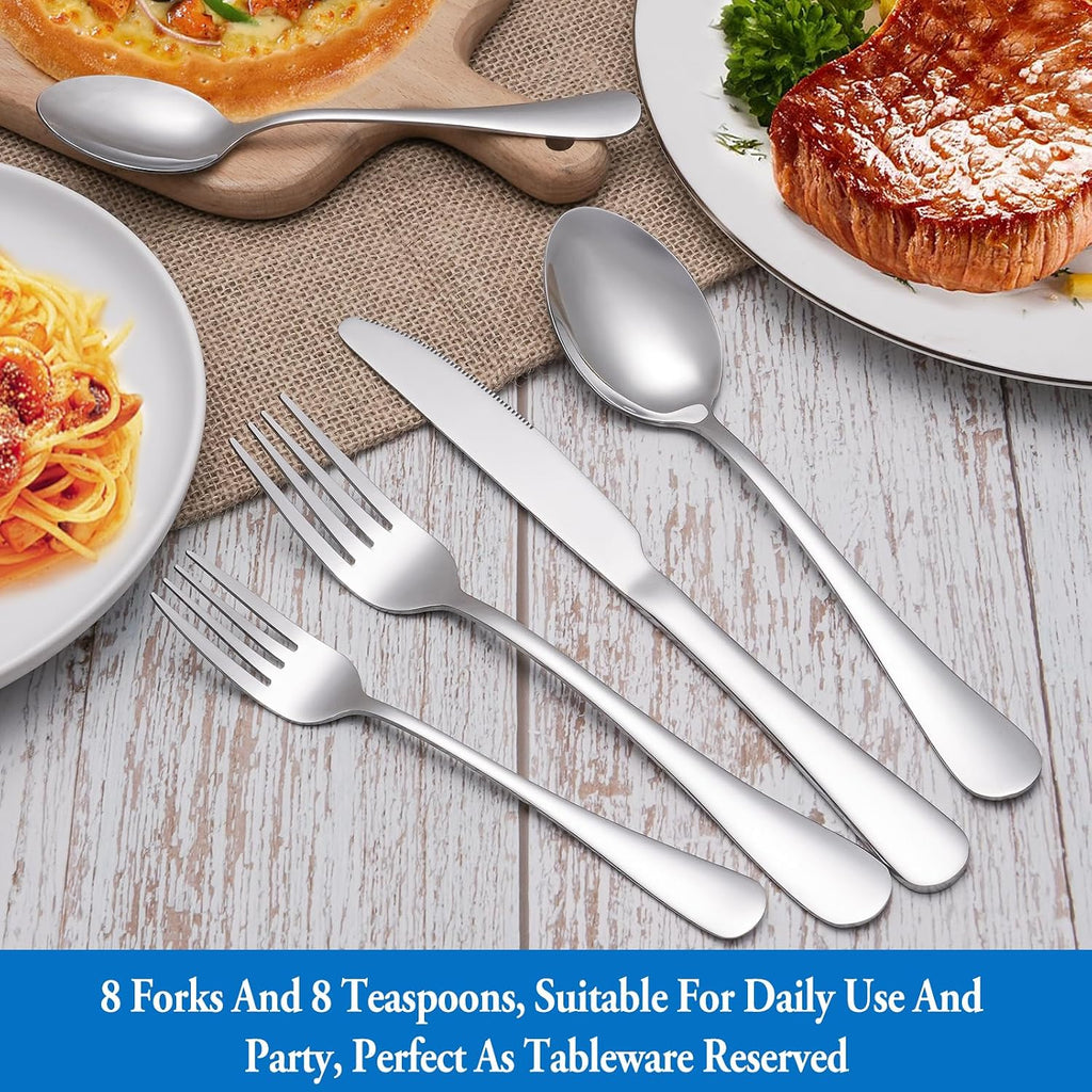 16 Pcs Forks and Spoons Silverware Set Food Grade Stainless Steel Flatware Cutlery Set for Home Kitchen and Restaurant Mirror Polished Dishwasher Safe - 8 Dinner Fork(8 inch) and 8 Teaspoon(6.5 inch)