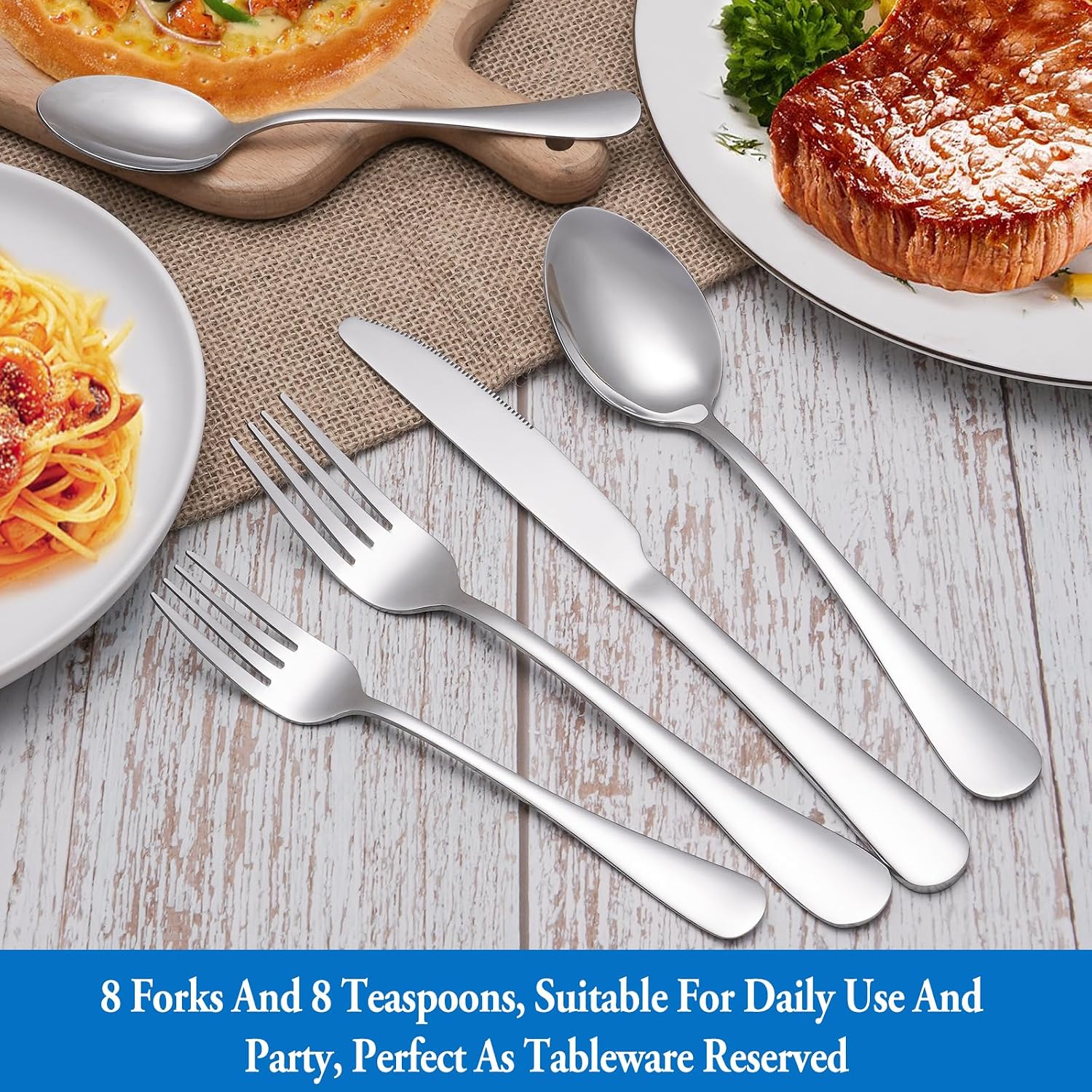 16 Pcs Forks and Spoons Silverware Set Food Grade Stainless Steel Flatware Cutlery Set for Home Kitchen and Restaurant Mirror Polished Dishwasher Safe - 8 Dinner Fork(8 inch) and 8 Teaspoon(6.5 inch)