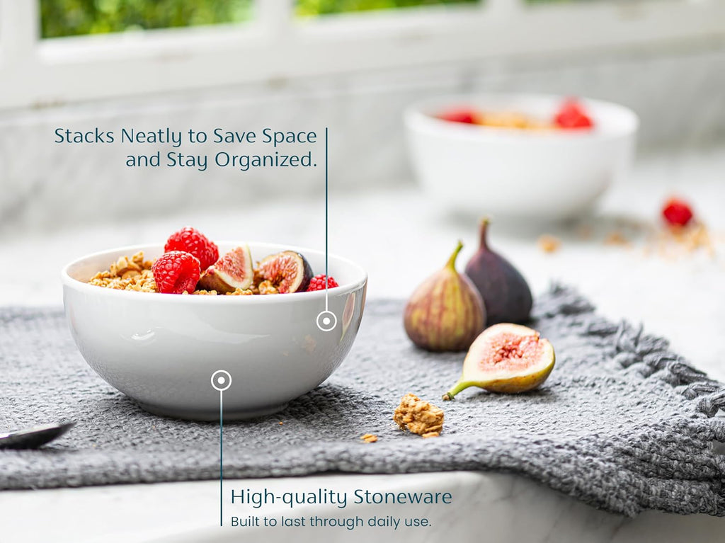 KooK Soup Bowls  Cereal Bowl  Ceramic  Bowls for Kitchen  Microwave  Dishwasher and Freezer Safe  Porcelain Dishes for Pasta  Salad  Oatmeal  Deep Interior  20 oz  Set of 6  (White)