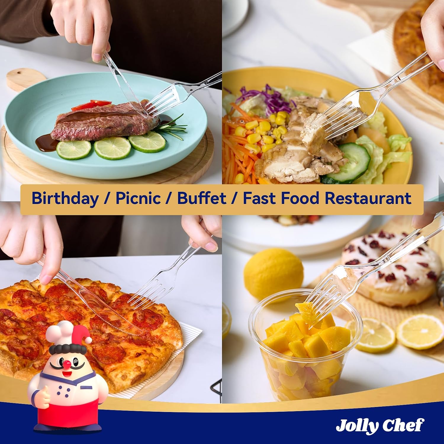 JOLLY CHEF 300 Count Clear Plastic Forks Heavy Duty  7.1" Heat Resistant Solid and Durable Plastic Forks Disposable  Disposable Bulk Cutlery Suitable for Parties Supply Events Everyday Use