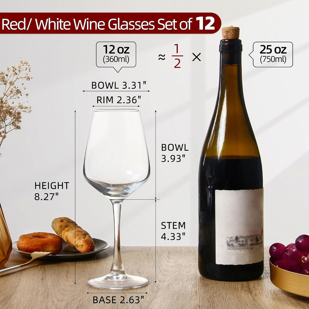 Wine Glasses Set of 12  12oz Clear Red/White Wine Cup  Long Stem Wine Glasses for Party  Wedding and Home