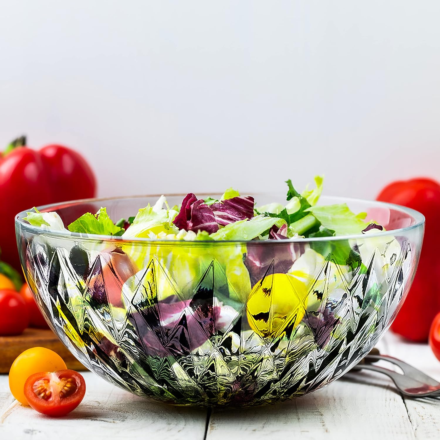 Le'raze Glass Diamond Design Bowl - Decorative Centerpiece for Kitchen & Home Decor  Great for Dining  Living Room  Serving  Salad  Pasta  Candy  Fruit