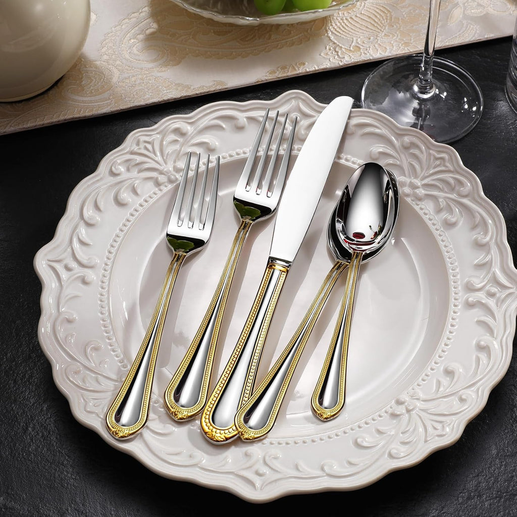 KEAWELL Pearl Edge 4-Piece Premium Fork Set  18/10 Stainless Steel  Fine Silverware Forks with Mirror Finish and Exquisite Craftsmanship  Gold Accent  Dishwasher Safe (4  7.3" Salad Forks)