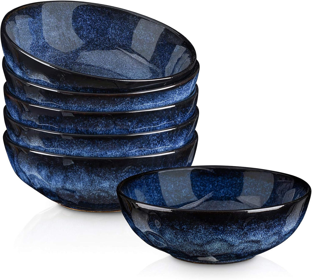 vicrays Ceramic Salad Bowls Set for Kitchen  Serving - 32 Ounce Soup Bowls  Pasta Bowls  Chip Resistant  Dishwasher Microwave Safe  Large  Fluted  stoneware  Set of 6 (Blue)