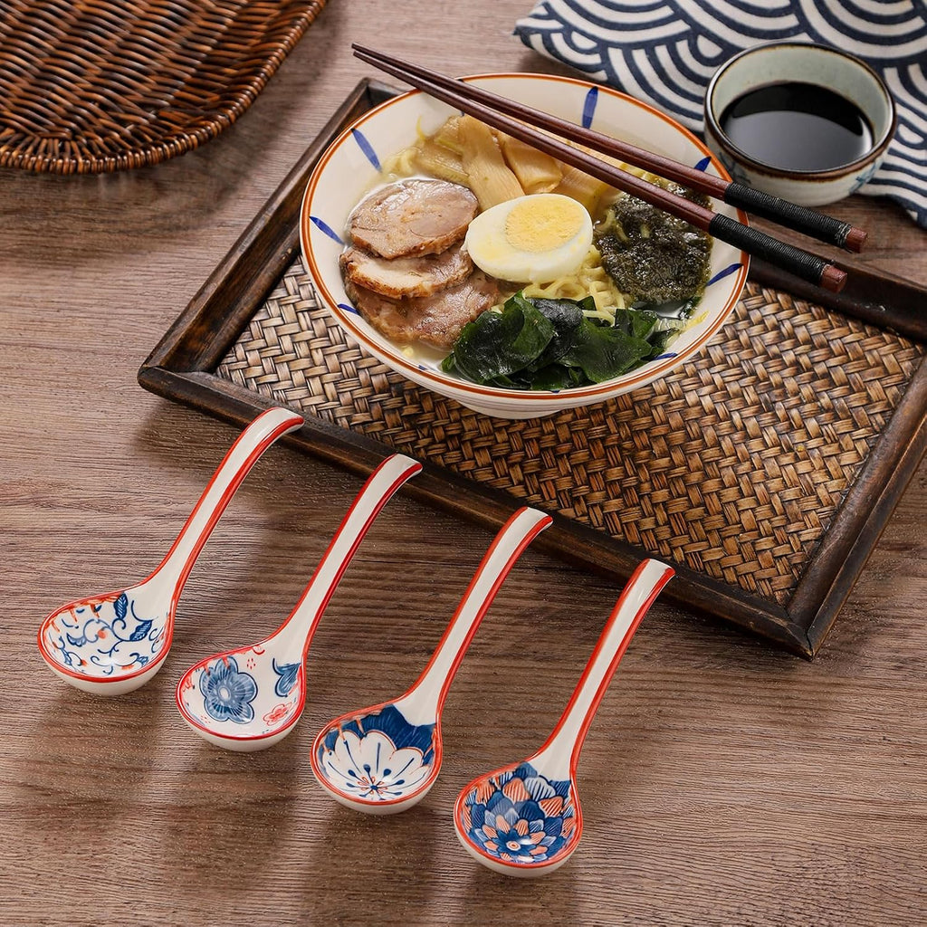 WHJY Asian Soup Spoon  Ceramic Ramen Spoon  Ramen Soup Spoon  Chinese Ceramic Spoons  Miso Soup Spoons Dumpling - Set of 4 Flora