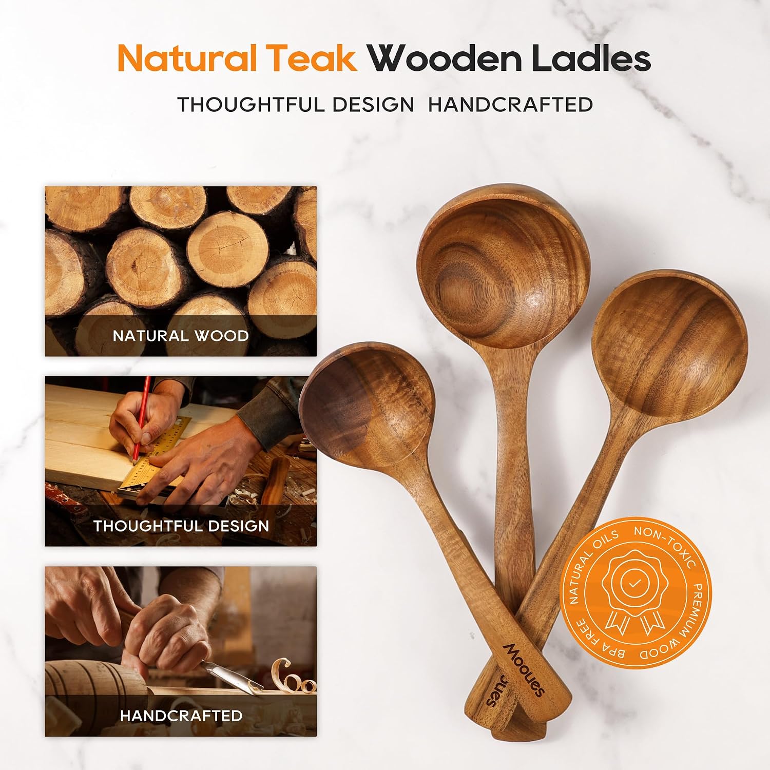 Wooden Ladle for Soup  3 Size Teak Wood Ladle Spoon with Back Hooks  Heat Resistant Wooden Spoons for Cooking  Non-Stick  Comfortable Grip  Wood Kitchen Utensils Set for Serving  Stirring