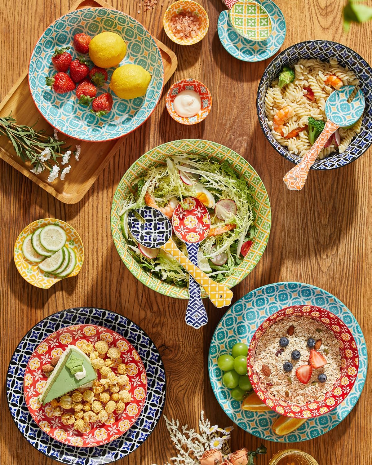 Ceramic Salad Servers  9" Salad Spoon and Fork Set  Salad Tongs for Mixing  Tossing  Cooking and Stirring  Dishwasher & Microwave Safe  Set of 2  Yellow & Blue