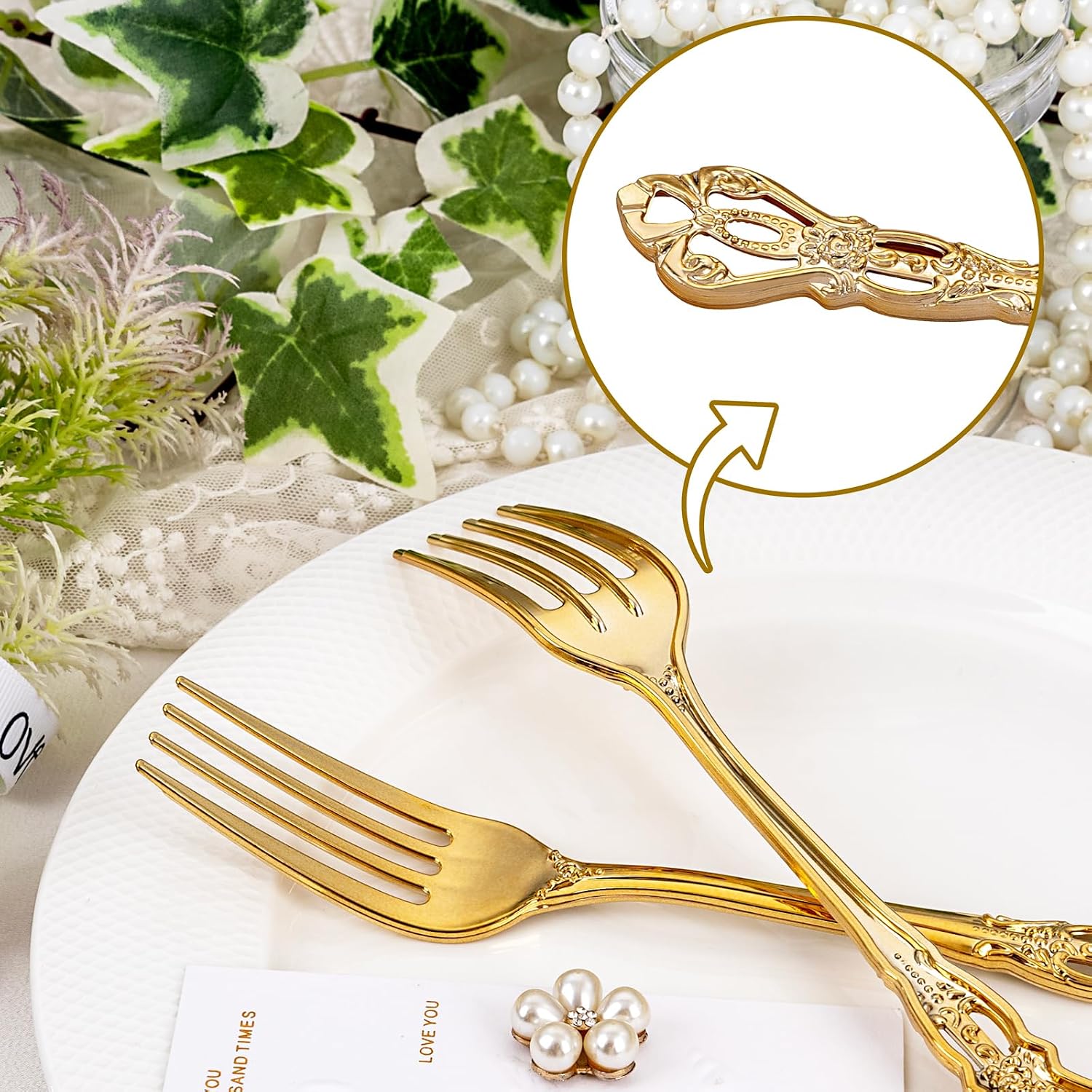 30PCS Gold Plastic Forks - 8.1inch Gold Forks Disposable - Vintage Heavy Duty Dessert Forks - Premium Fancy Plastic Silverware for Parties  Weddings  Dinners and Events