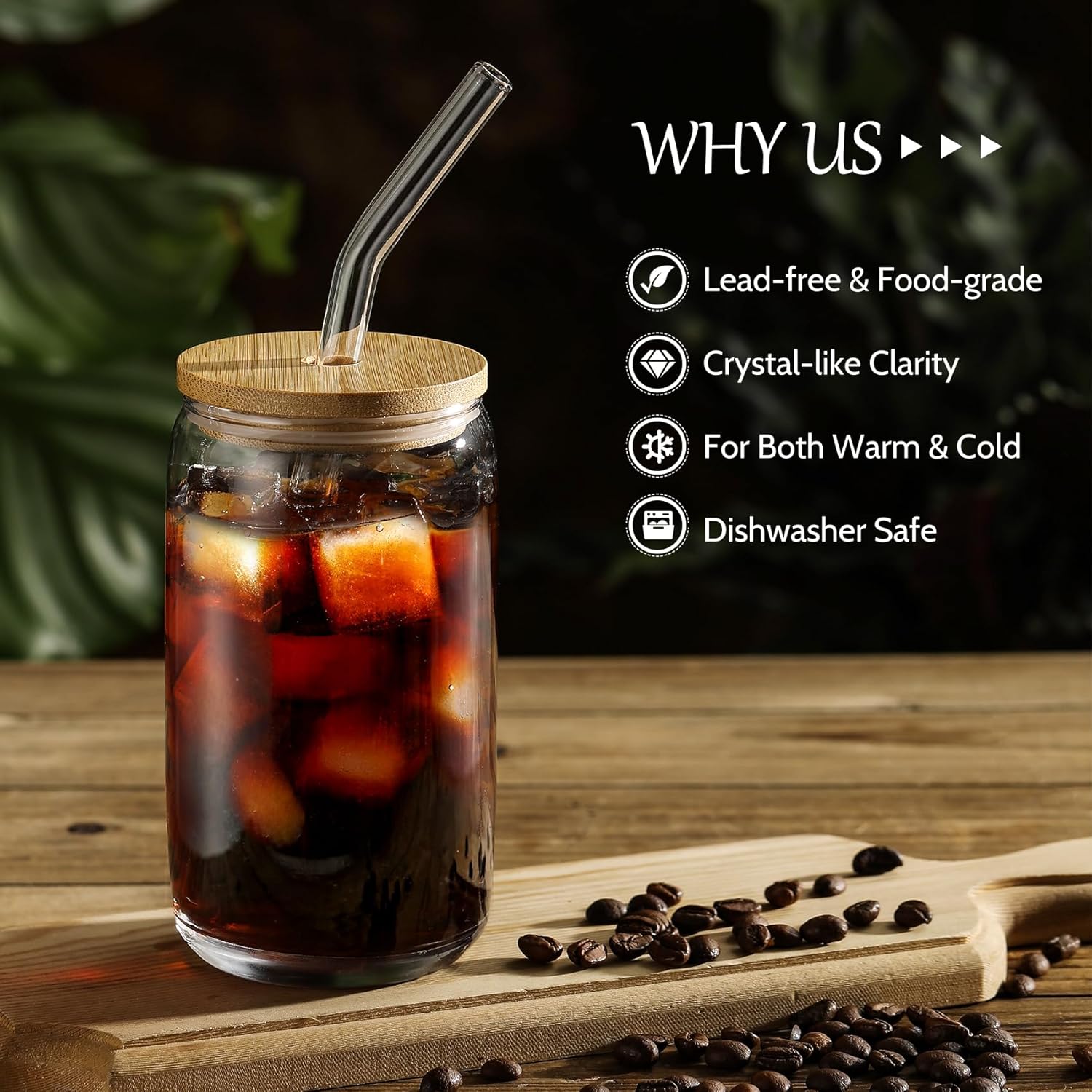 [ 12pcs Set ] Glass Cups with Bamboo Lids and Glass Straw - Beer Shaped Drinking Glasses  16 oz Iced Coffee Glasses  Cute Tumbler Cup for Smoothie  Boba Tea  Whiskey  Water - 4 Cleaning Brushes