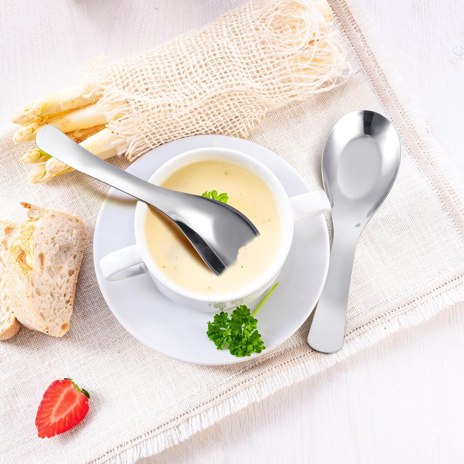 Tioncy 50 Pcs Stainless Steel Soup Spoons Mirror Polished Asian Soup Spoons for Bouillon Dessert Cereal Ramen Pho Wonton Dumpling Noodles