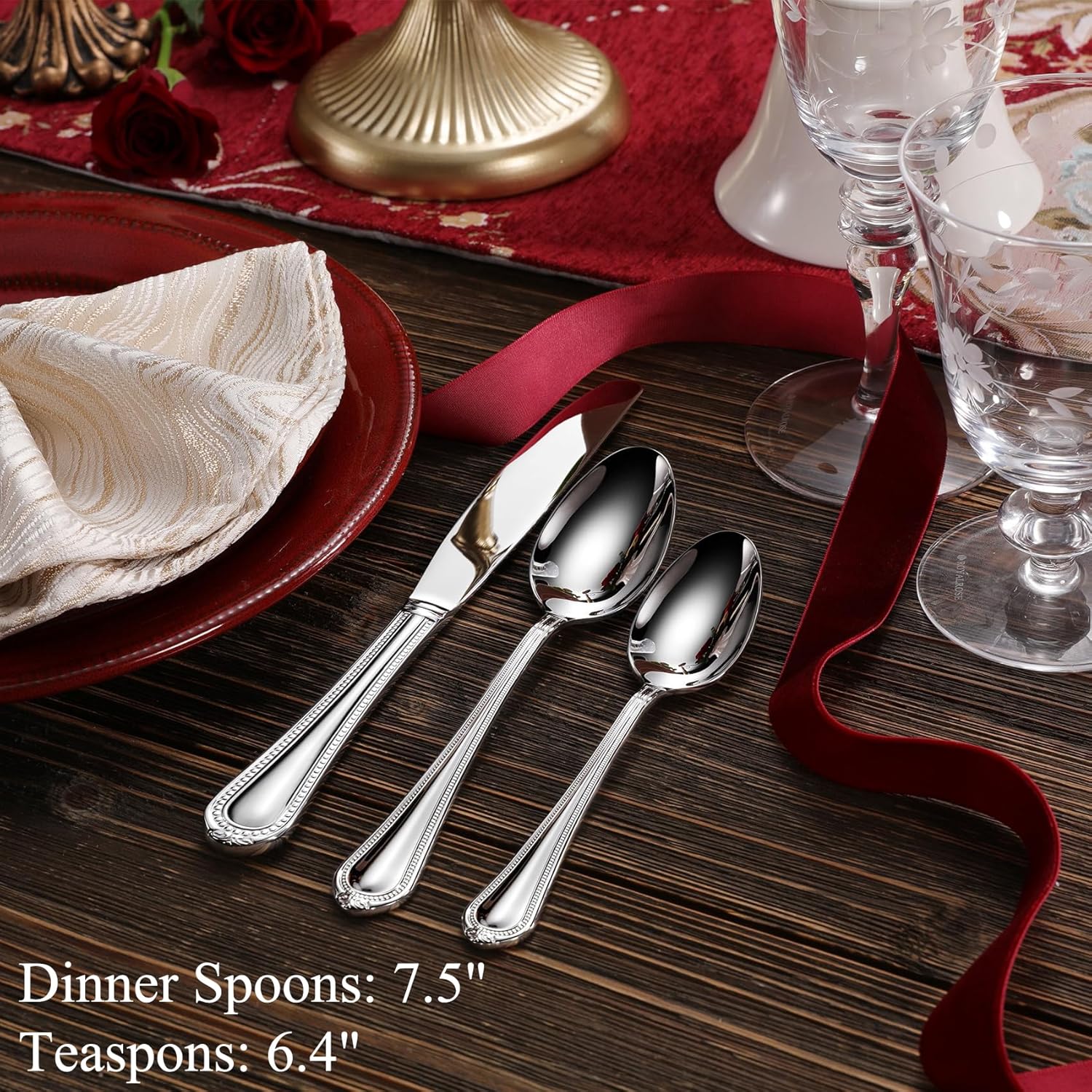 KEAWELL Pearl Edge 4-Piece Premium Spoon Set  18/10 Stainless Steel  Fine Silverware Spoons with Refined Bead Design  Brightly Polished  Dishwasher Safe (Silver  7.56" Dinner Spoons)