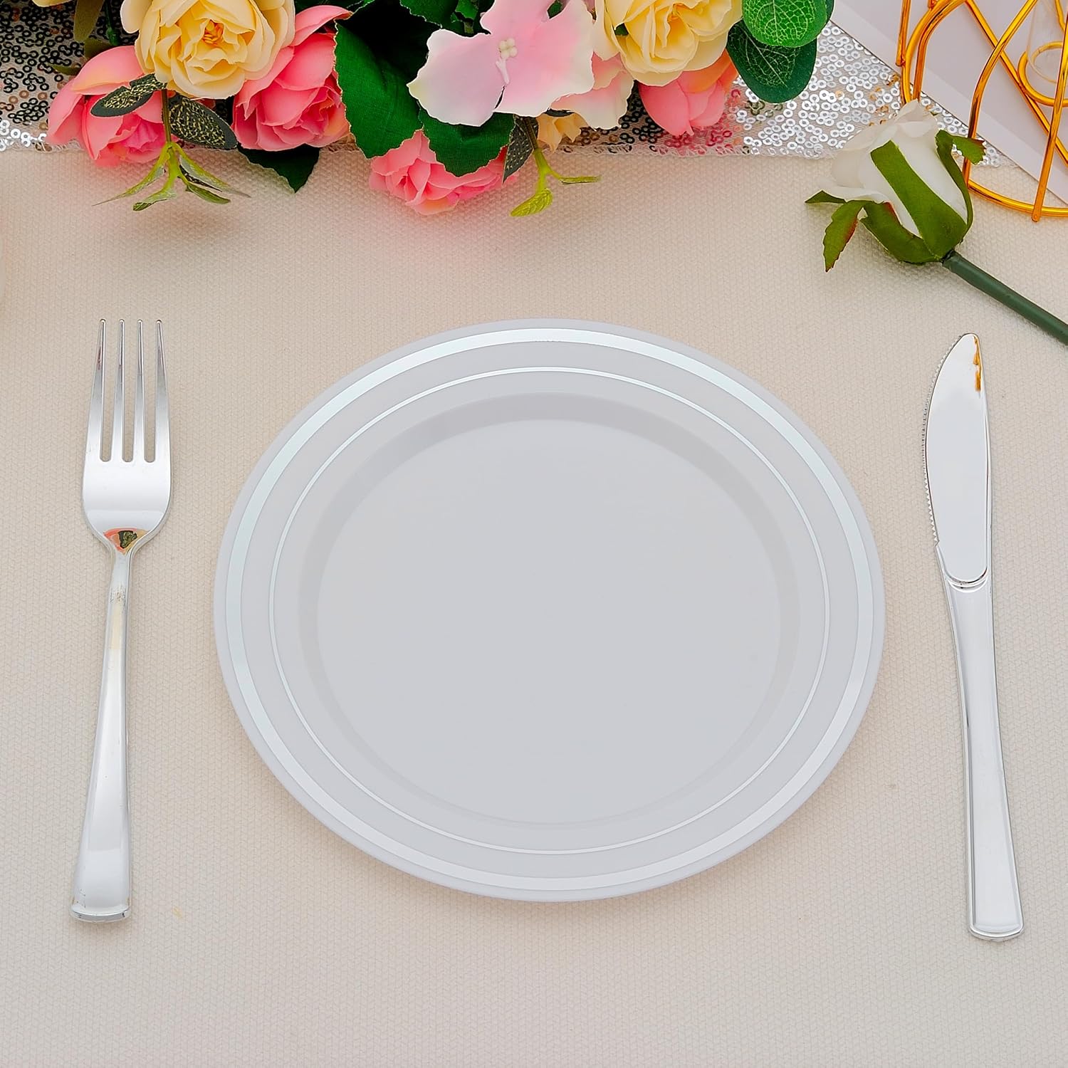 200pcs Silver Dessert Plates with Forks for 100 Guests-100pcs 7.5" Disposable Silver and White Small Plates with 100pcs 7.4" Forks-Cake/Appetizer/Salad Plate for Wedding Birthday Party