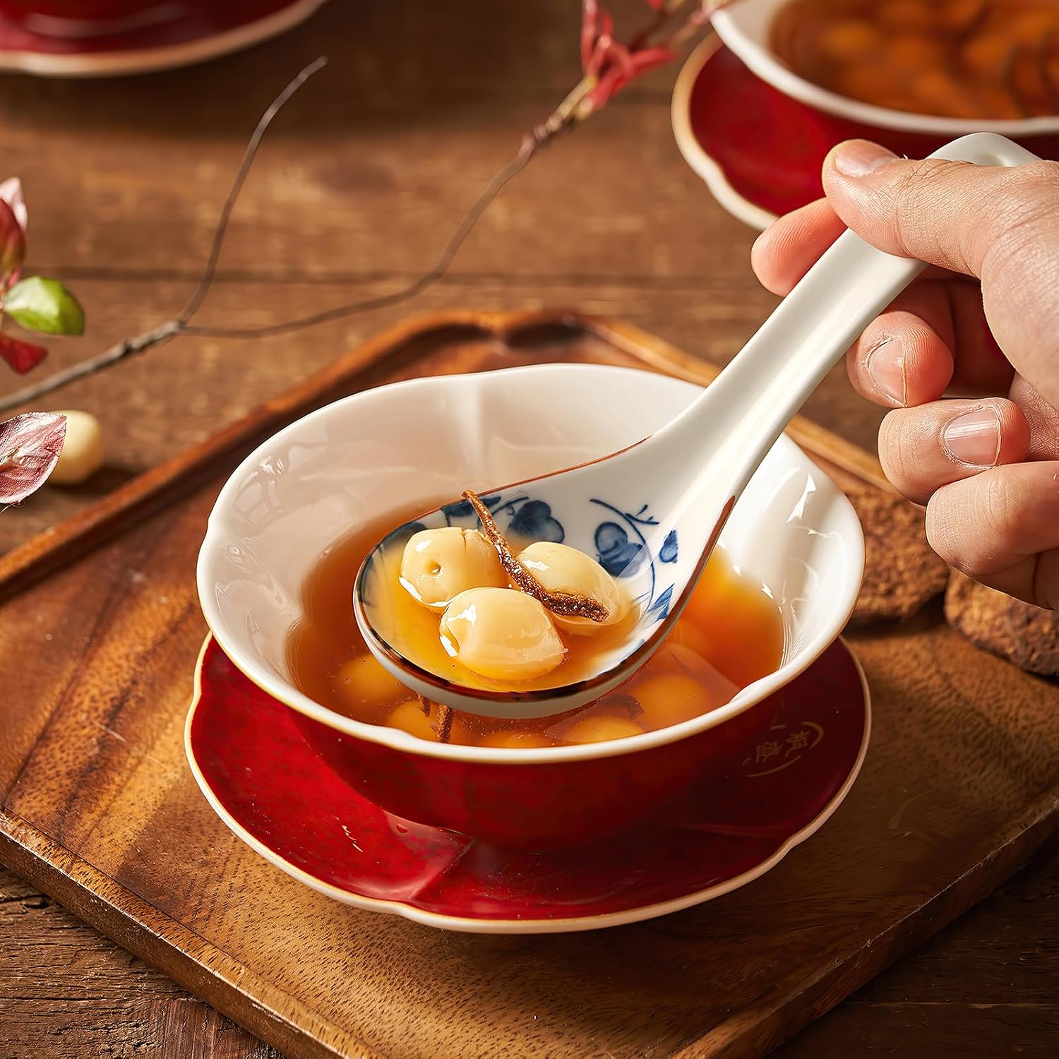 IQCWOOD Ceramic Asian Soup Spoons  Blue and White Japanese Spoon for Soup Rice Ramen Pho Wonton Dumpling Miso  Deep Oval Hook Design  Gifts for Friends Parents Family