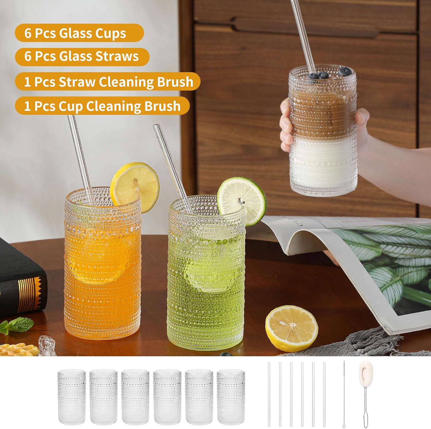 Large Vintage Hobnail Drinking Glasses Set of 6  16oz Clear Highball Glasses Cups  Kitchen Water Glasses Cup  for Cocktail  Juice  Whiskey  Milk and Various Mixed Drinks