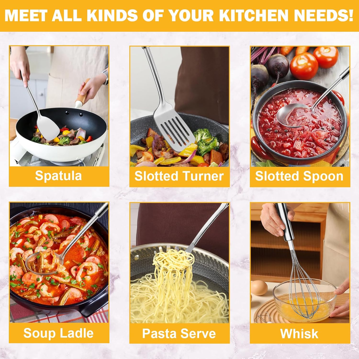 6-Piece Kitchen Cooking Utensils Set  Stainless Steel Kitchen Utensils with Suspendable Handle  Spatula  Slotted Turner  Soup Ladle  Slotted Spoon  Whisk  Pasta Server  Dishwasher Safe