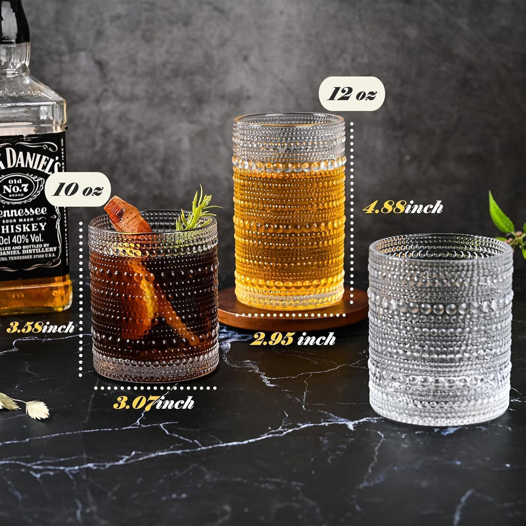 Hobnail Drinking Glasses Set of 8 Glass Cups 12 oz Hobnail Drinking Glasses & 10 oz Cocktail Glasses  Water Glasses Kitchen Glassware Vintage Glasses Drinking Set for Whiskey  Juice  Cocktails  Beer