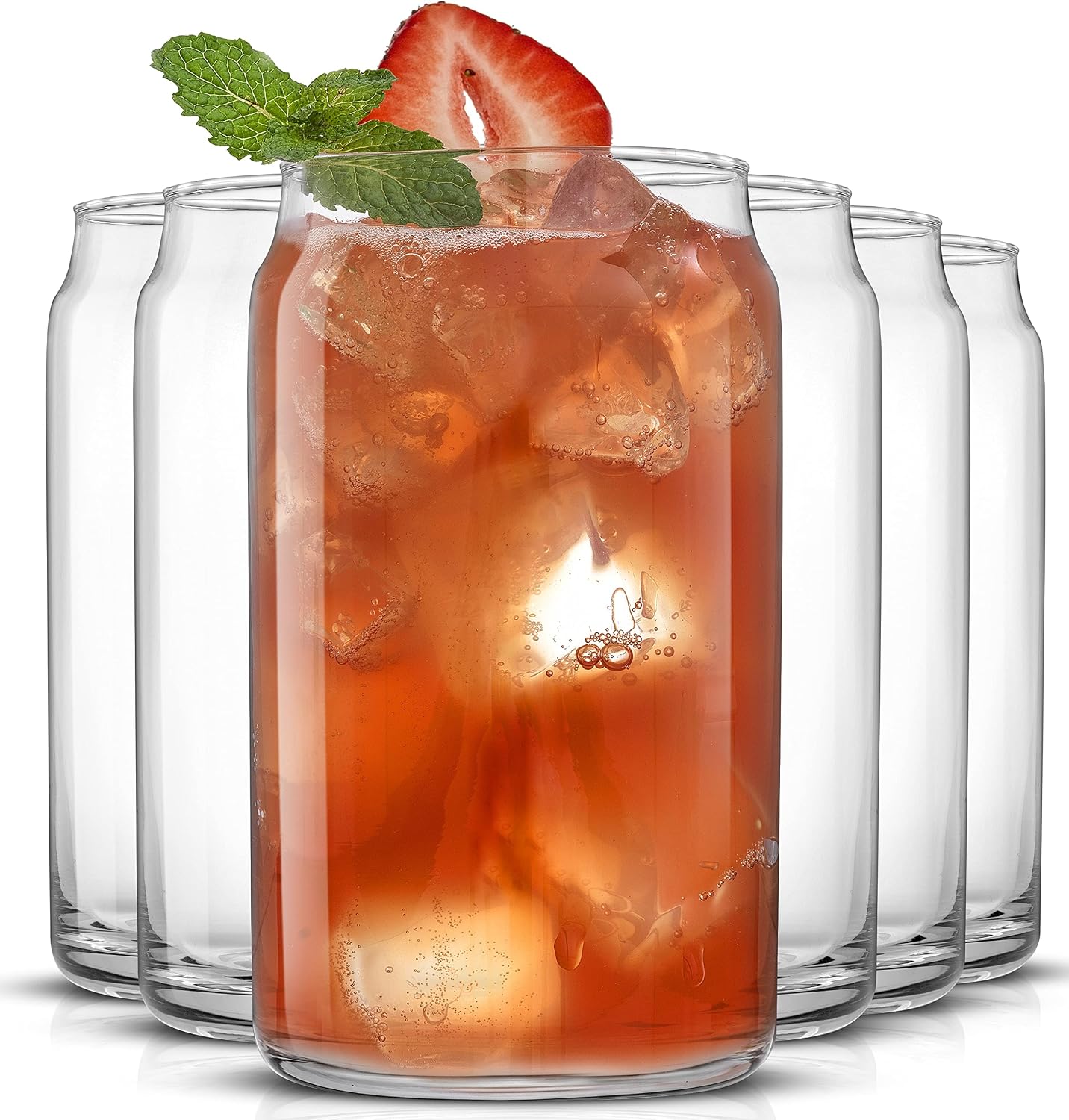 JoyJolt Drinking Glass Cups Set of 6-16oz Beer Can Glasses. Clear Soda Can Shaped Glass Cups  Cute Iced Coffee Cup Tumblers  Cold Drink Glassware  Unique Water  Tea  Cocktail Glass Set